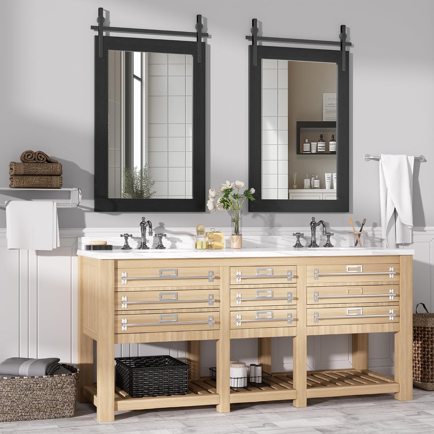 Hasipu Farmhouse Bathroom Mirror, 24"x36" Rustic Wood Framed Wall Mounted Mirror, Black Vintage Vanity Mirror Barn Door Style Decrative Mirrors