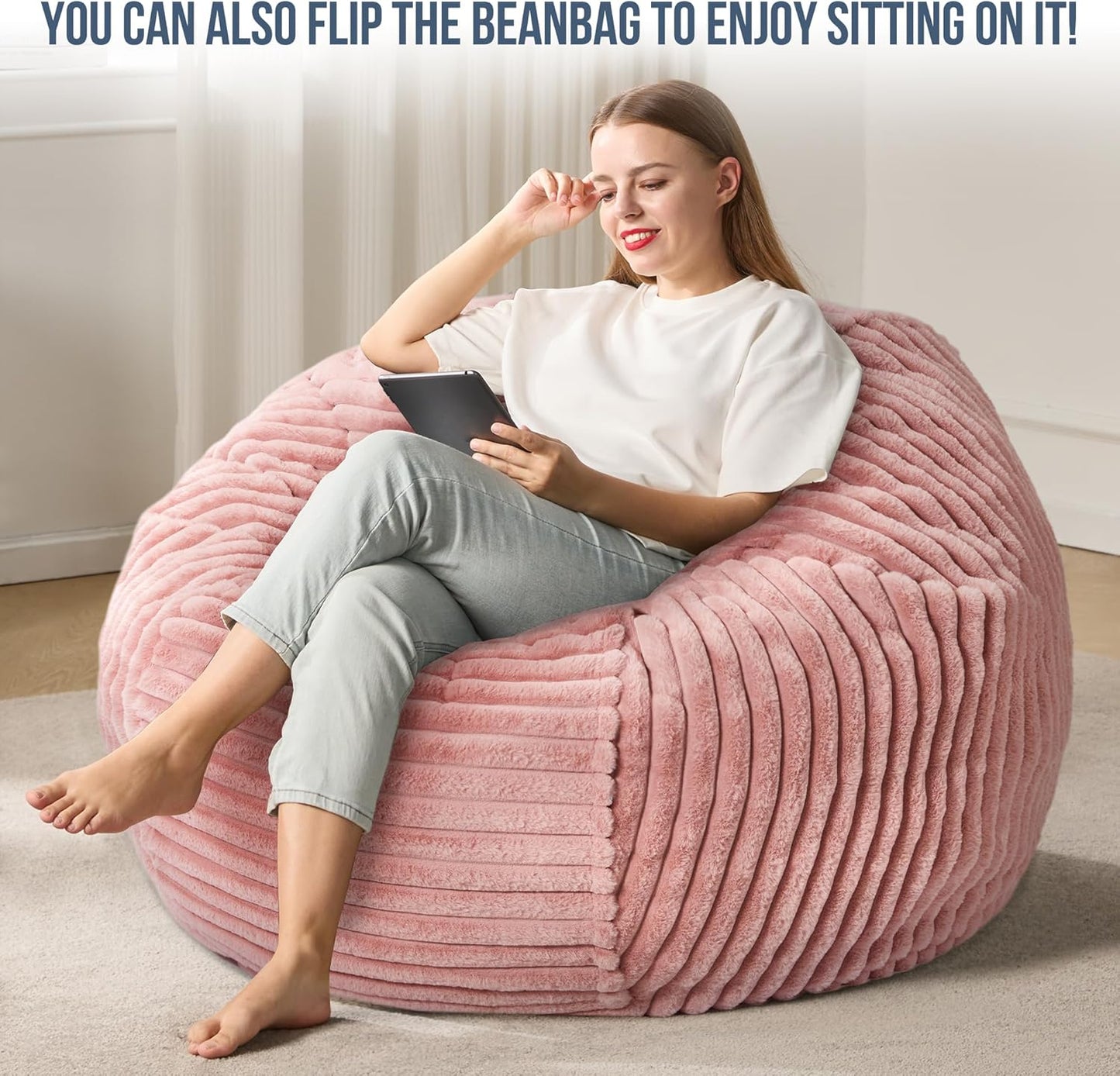 4ft Bean Bag Chairs for Adults Large Beanbag Chair with Stripe Plush Cover Big Bean Bag Chair for Living Room Bedroom Dorm Office