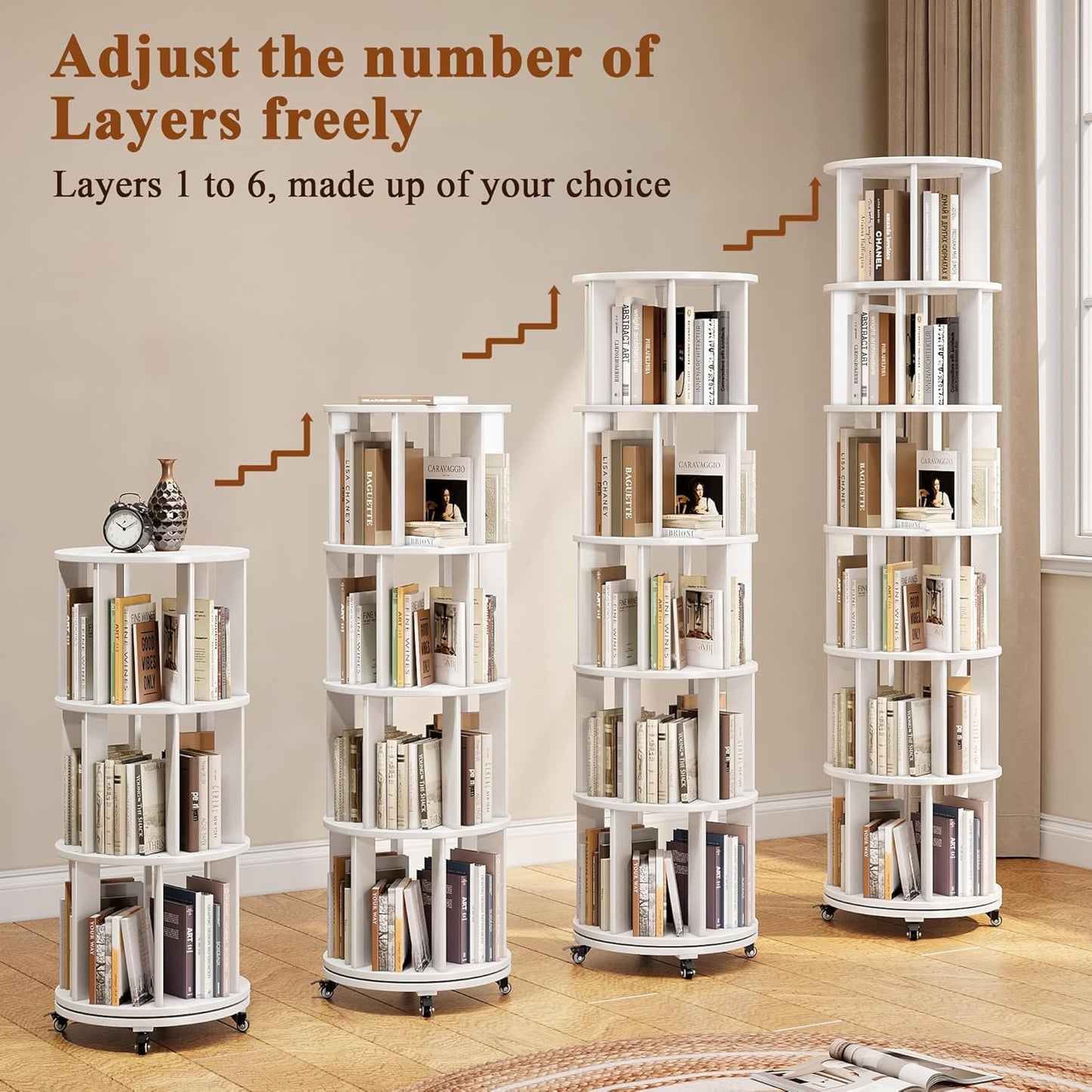 6 Tier Rotating Bookshelf Tower Spinning Bookshelf with Swivel Wheels Book Shelf Rotating Storage Tower for Kids Adult Narrow Walnut Solid Wood Revolving Bookcase Organizer for Bedroom Living Room