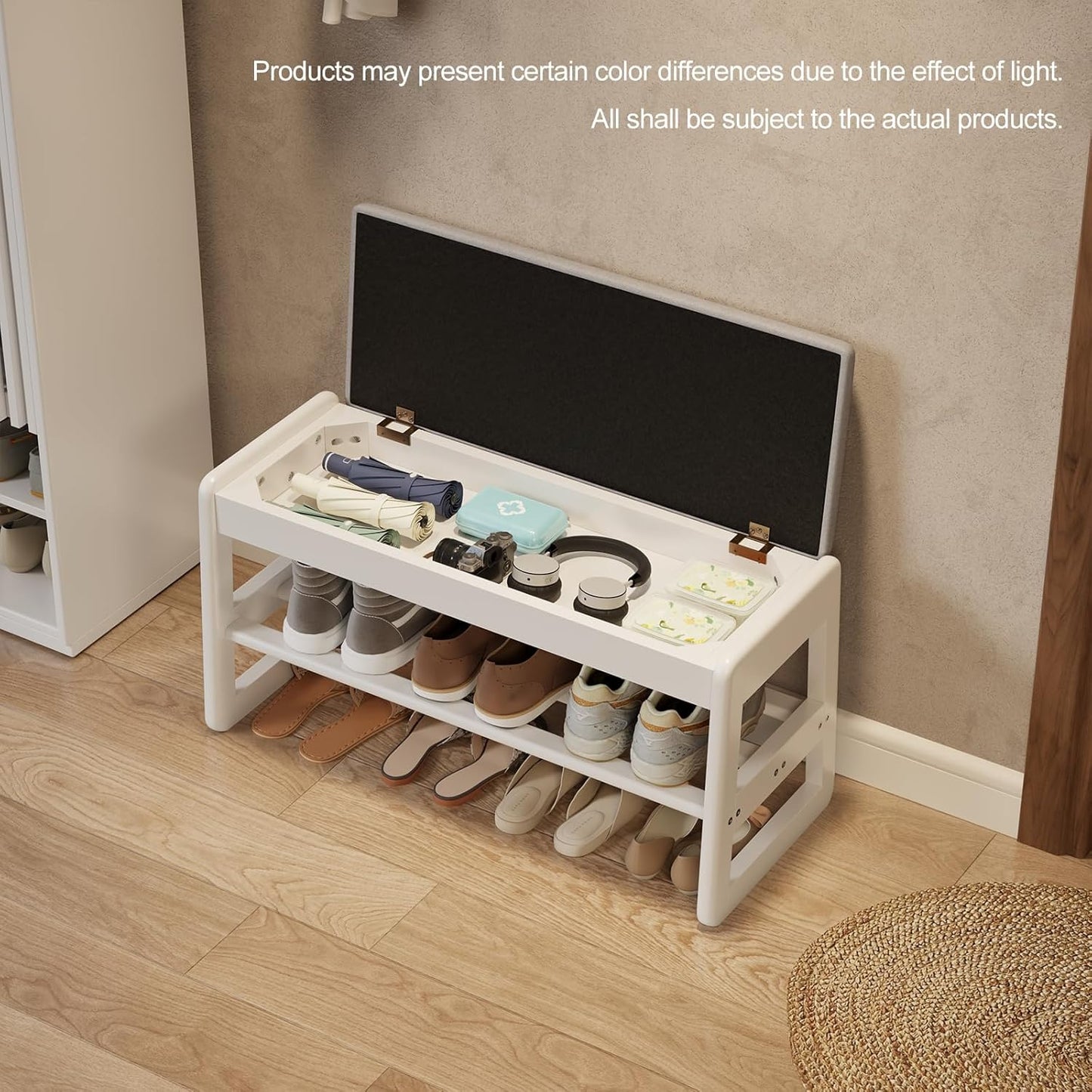 Shoe Rack Bench with Cushion,2 Tiers Shoe Bench with Flip-Top Storage,Wood Shoe Rack for Entryway,Hallway（White,31.5"）