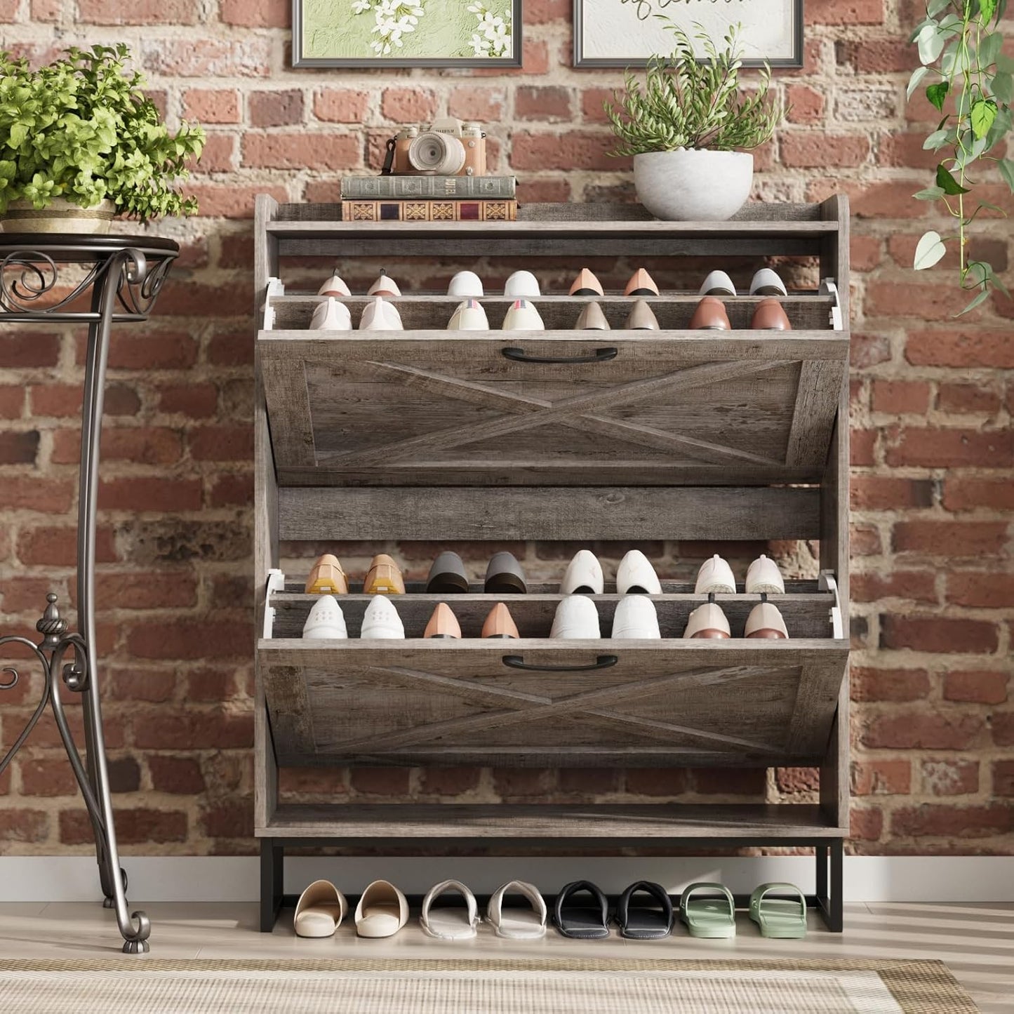 Maupvit Shoe Storage Cabinet with 2 Flip Drawers, Freestanding Organizer with Metal Legs for Entryway, Narrow Shoe Rack Cabinet, Light Rustic Oak