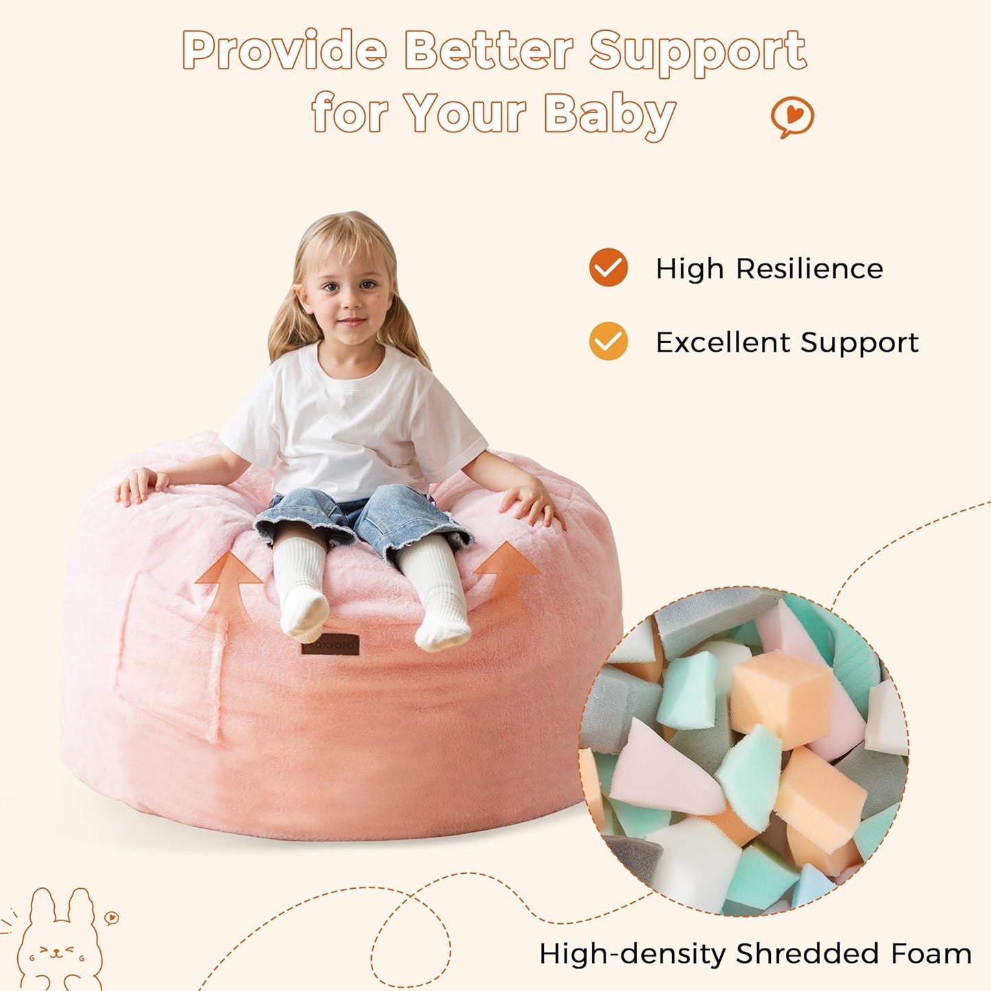 MAXYOYO Kids Bean Bag Chair, Stuffed Faux Fur Bean Bag for Toddler, Ultra Soft Floor Sofa with High-Density Foam Filling, Lazy Chair for Living Room, Playroom, Nursery Room