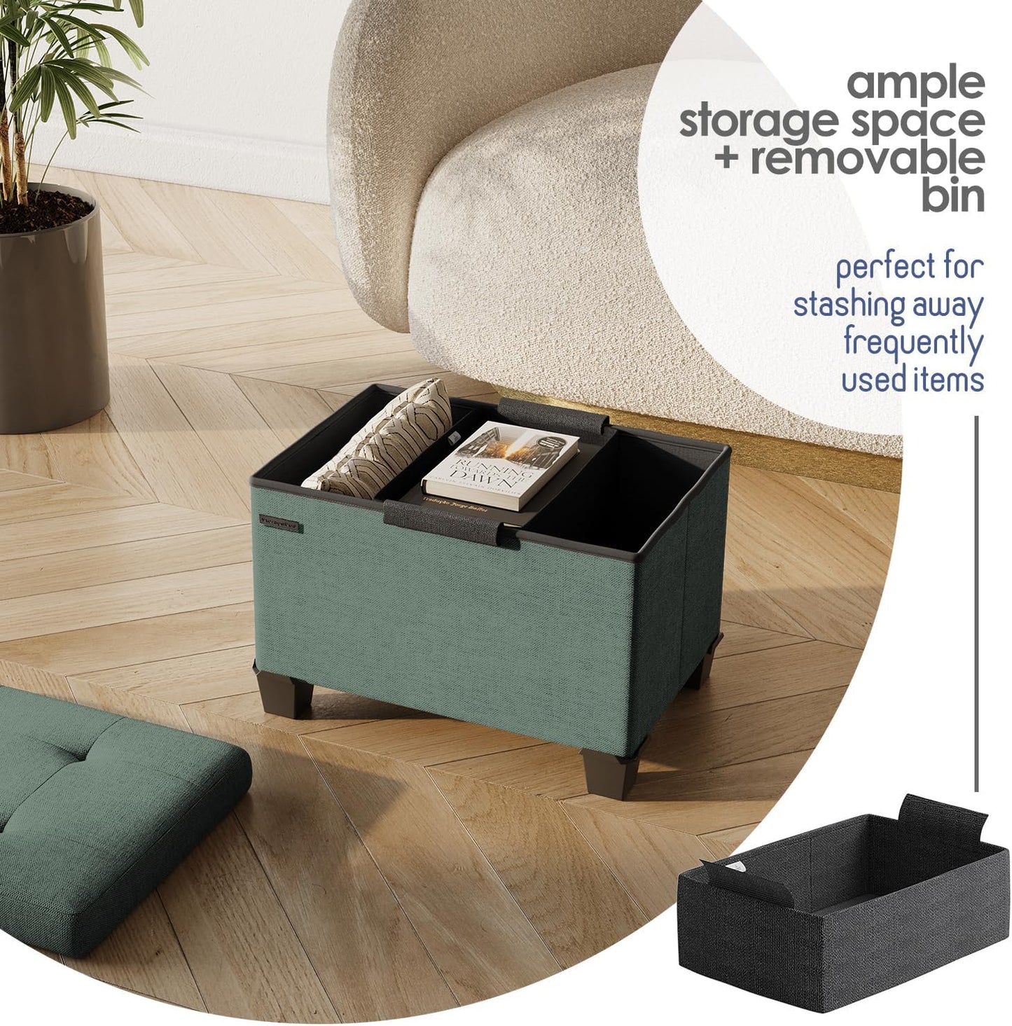 STORAGEBUD Storage Ottoman Cube with Small Bin, 16-in Square Ottoman with Storage for Living Room and Bedroom, Small Ottomans Foot Rest, Fabric Foot Stools Ottomans Max 330lbs, Green