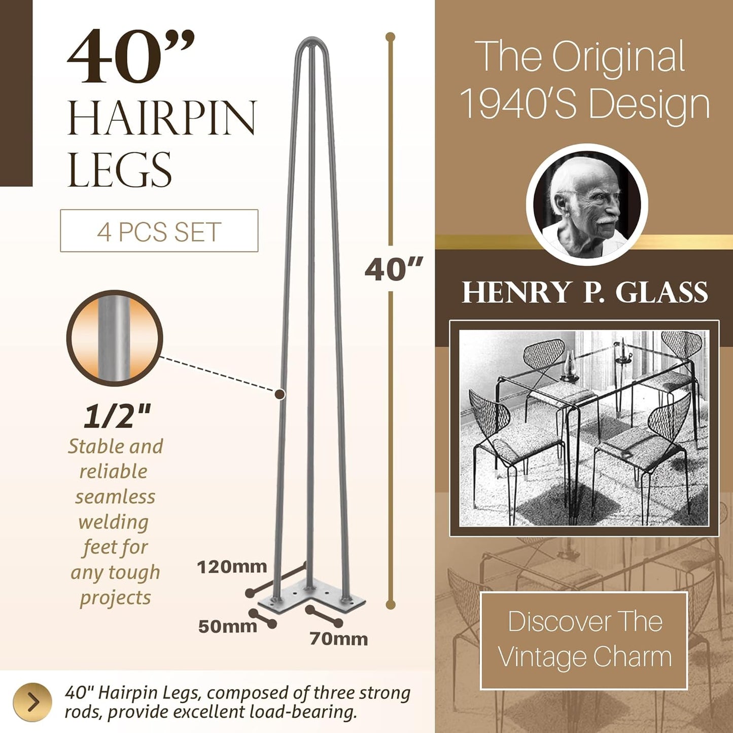 TEN49 Heavy Duty Hairpin Furniture Leg - 40 Inch Industrial Metal Table Legs - 1/2" Extra Thickness 3 Solid Rods Raw Steel Color Leg - Fit for Modern Shelving, Standing Desk, Bar Height Table Legs