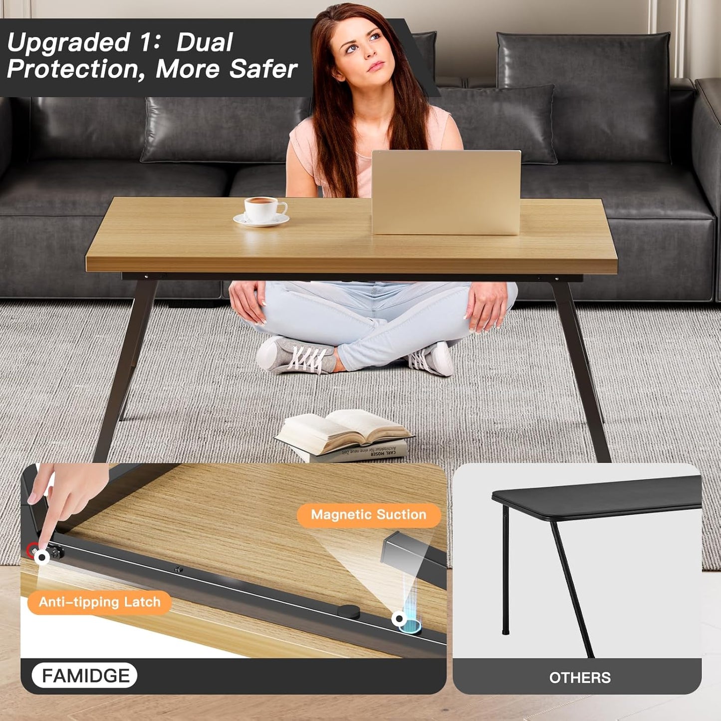 Folding Coffee Table, Portable Floor Table Desk for Sitting on The Floor, No Assembly Low Coffee Table for Living Room, Home, Caravan and Camping Use, Natural Wood, 39.4Lx19.7Wx15.8H