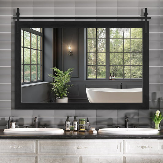 Hasipu Farmhouse Bathroom Mirror, 55"x36" Rustic Wood Framed Wall Mounted Mirror, Black Vintage Vanity Mirror Barn Door Style Decrative Mirrors