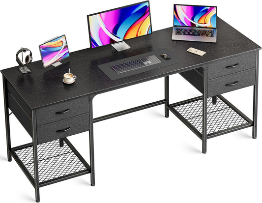Huuger 63 Inch Computer Desk with 4 Drawers, Mesh Shelf, Gaming, Large Storage, Writing Work Desk for Home, Study, Bedroom, Work from Home, Black