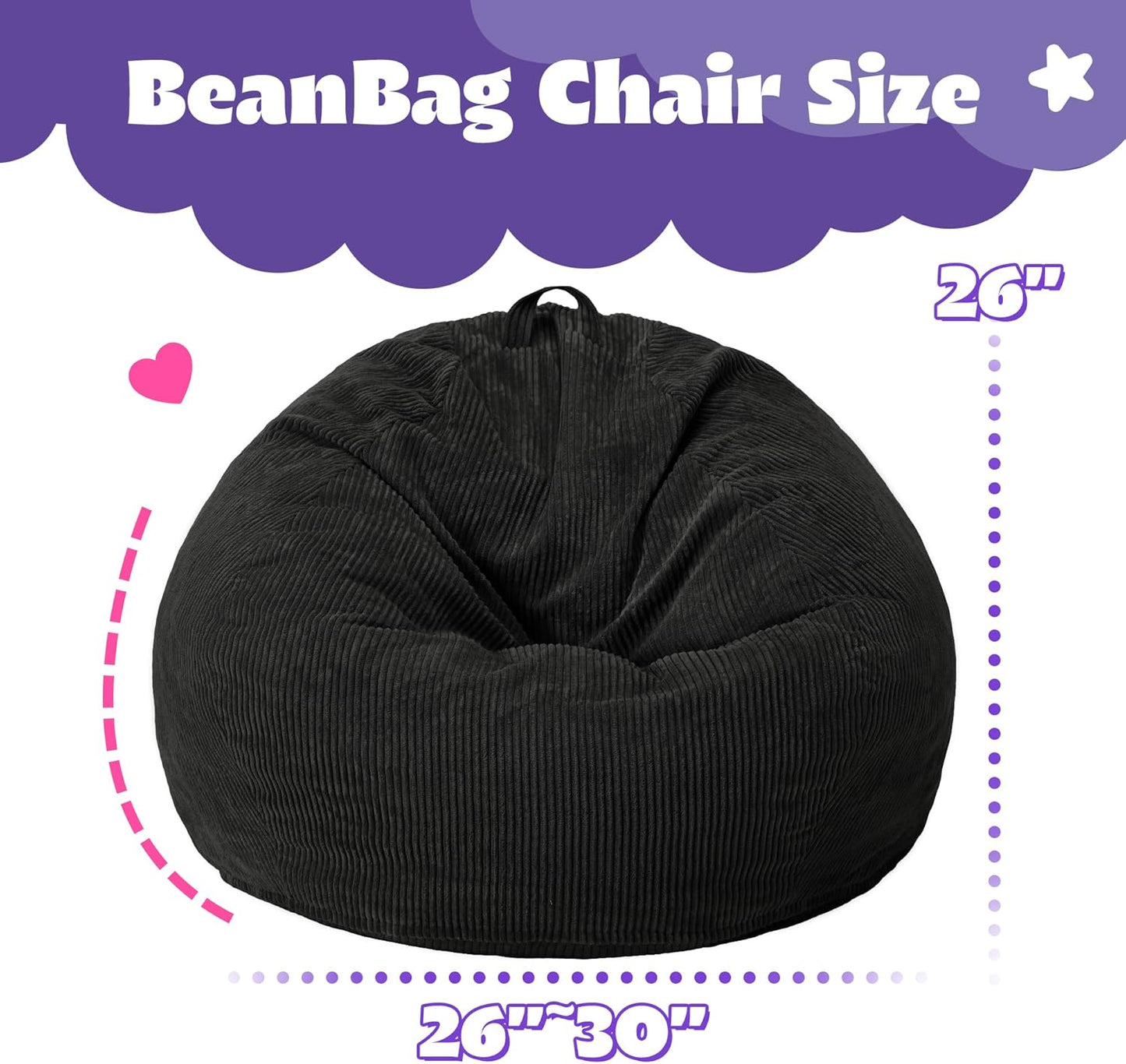HABUTWAY 2 FT Bean Bag Chair,Giant Bean Bag Chairs,Big Bean Bags with Memory Foam Filled, Large Beanbag Chairs with Soft Corduroy Cover-Black