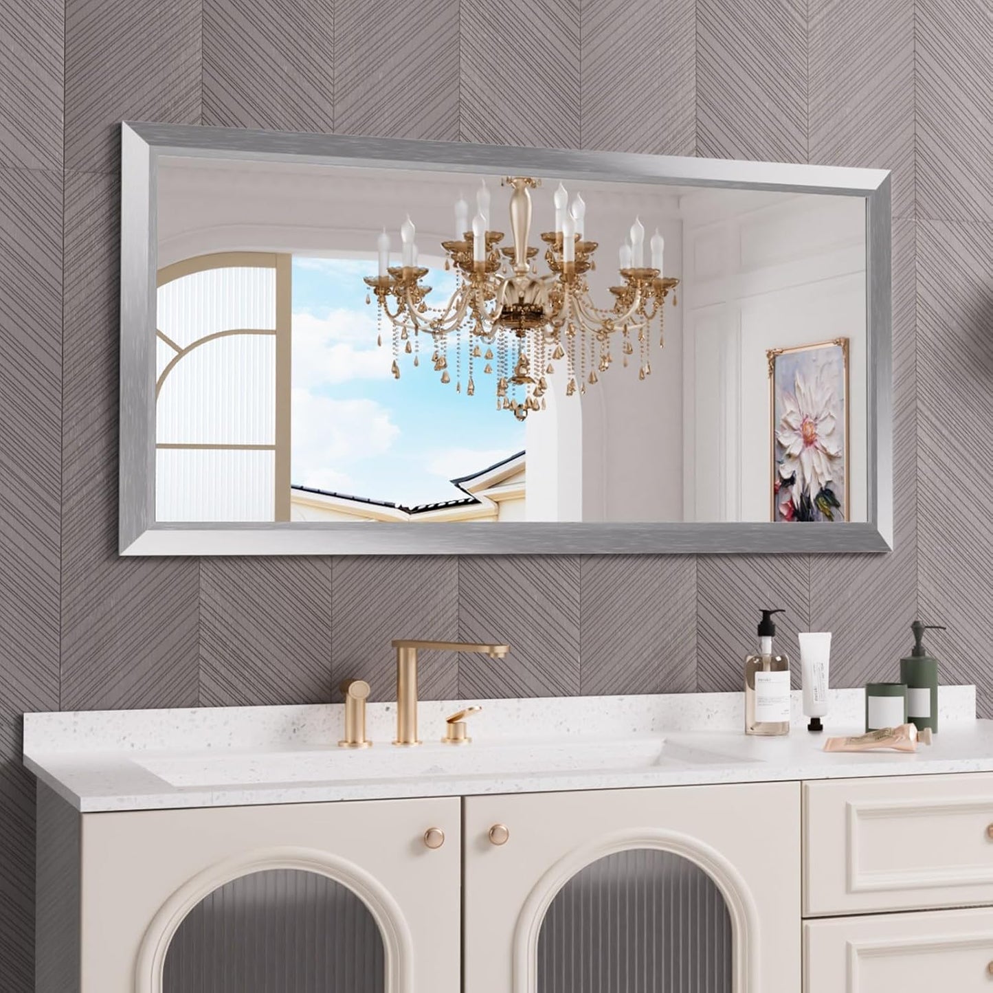 Amorho 60 X30 Inch Bathroom Mirror Silver, Thick Metal Framed Wall Mirrors for Over Sink, Brushed Nickel Mirror Perfect for Bedroom, Living Room, Entryway, Rectangle (Horizontal/Vertical).