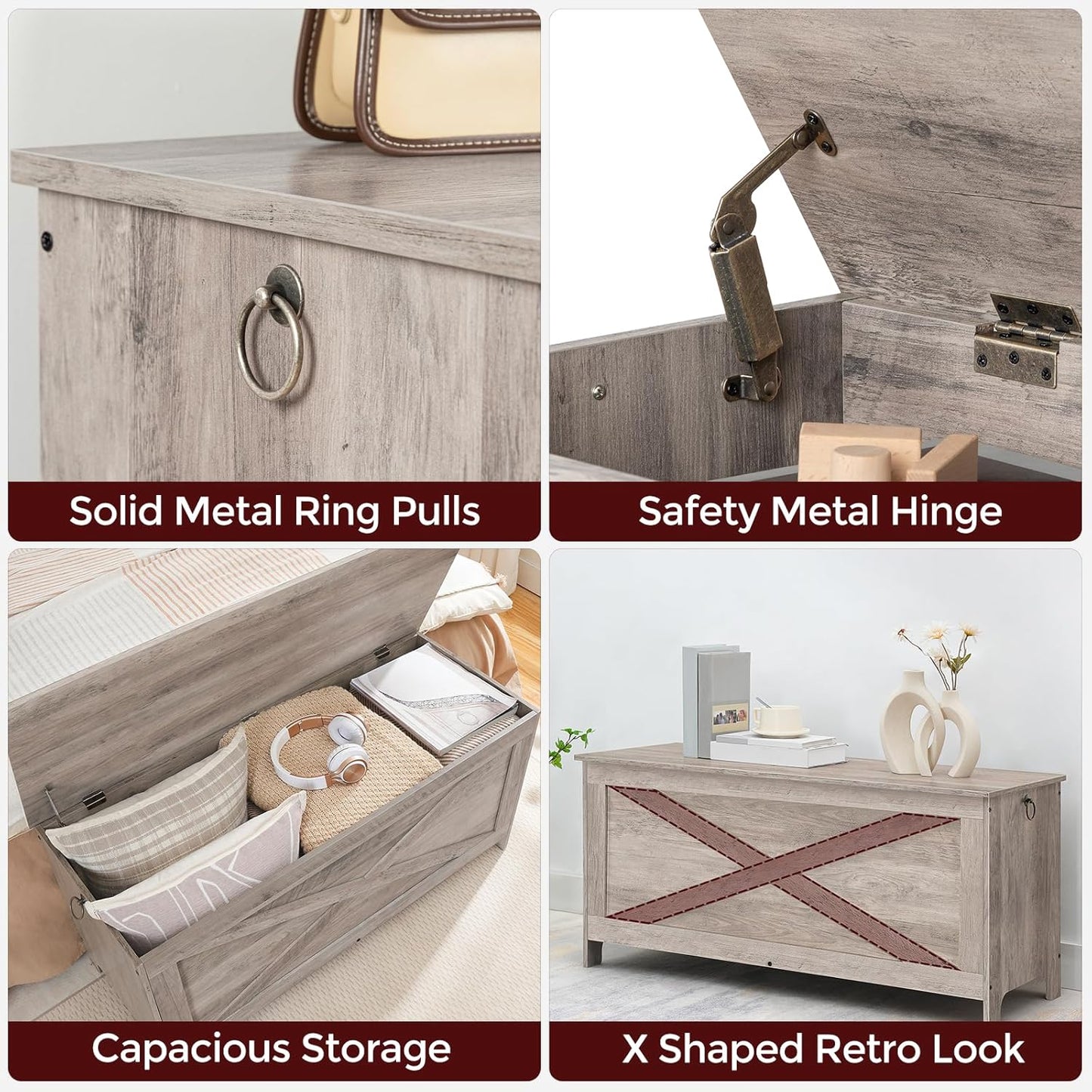 39.4" Toy Chest, Sturdy Entryway Storage Chest with Safety Hinges, Retro Toy Box, Wooden Look Accent Furniture for Living Room, Bedroom,Greige SCHG48101