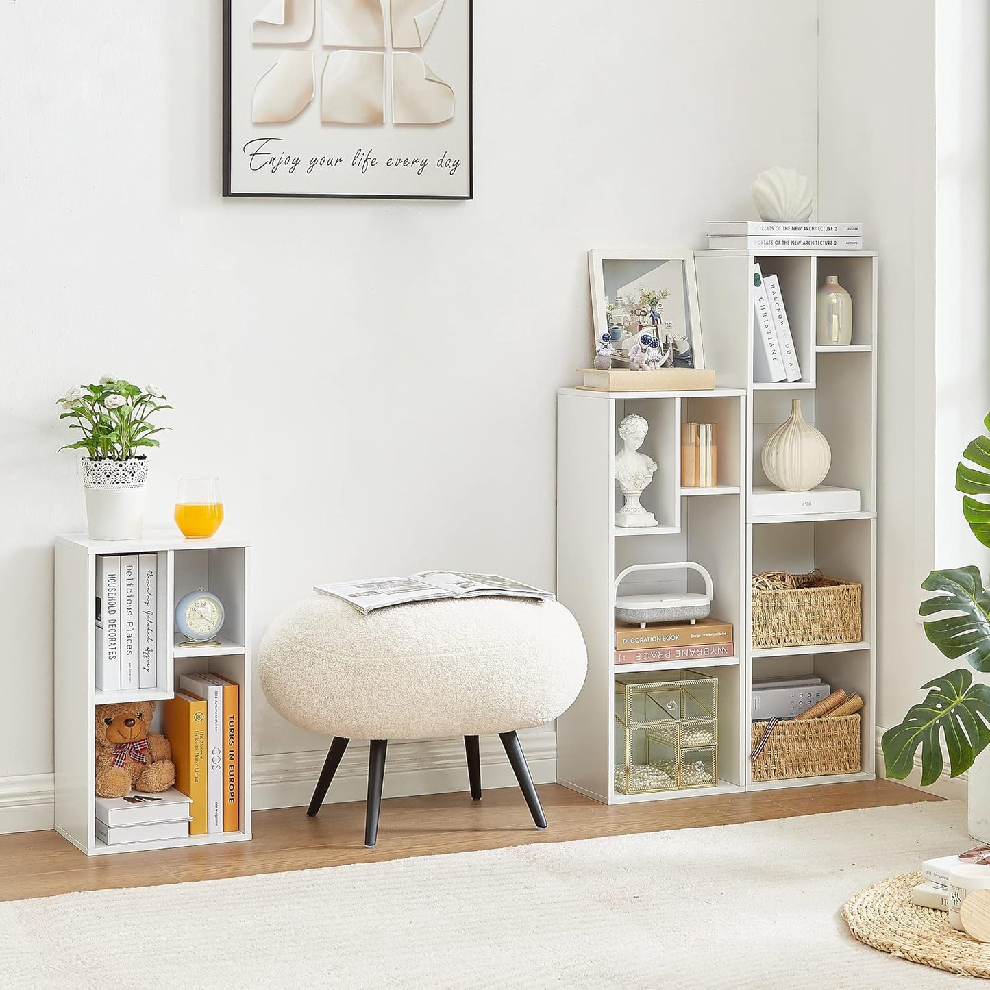 VECELO 3-Cube Bookcase, 2-Tier Customized Storage Display Shelf, Bookshelf with Height Difference Fits Tallest Hardcovers, Horizontal Available, Free Standing for Home Office, Pearl White