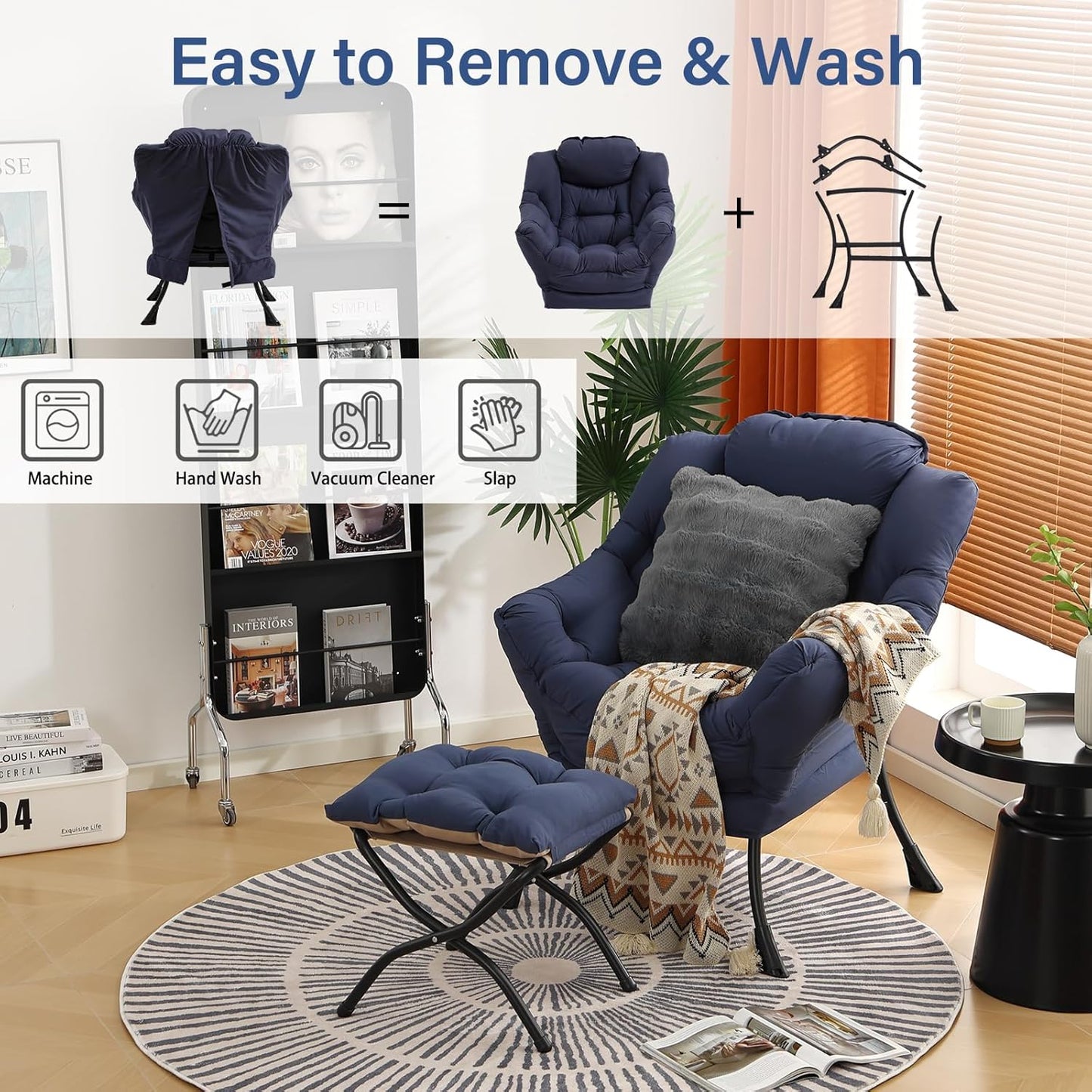 Large Lazy Chair with Ottoman, Accent Reading Chairs with a Throw Pillow, Cozy Lounge Chair with Armrest, Leisure Sofa Chairs for Living Room, Bedroom, Dorm, Navy Blue