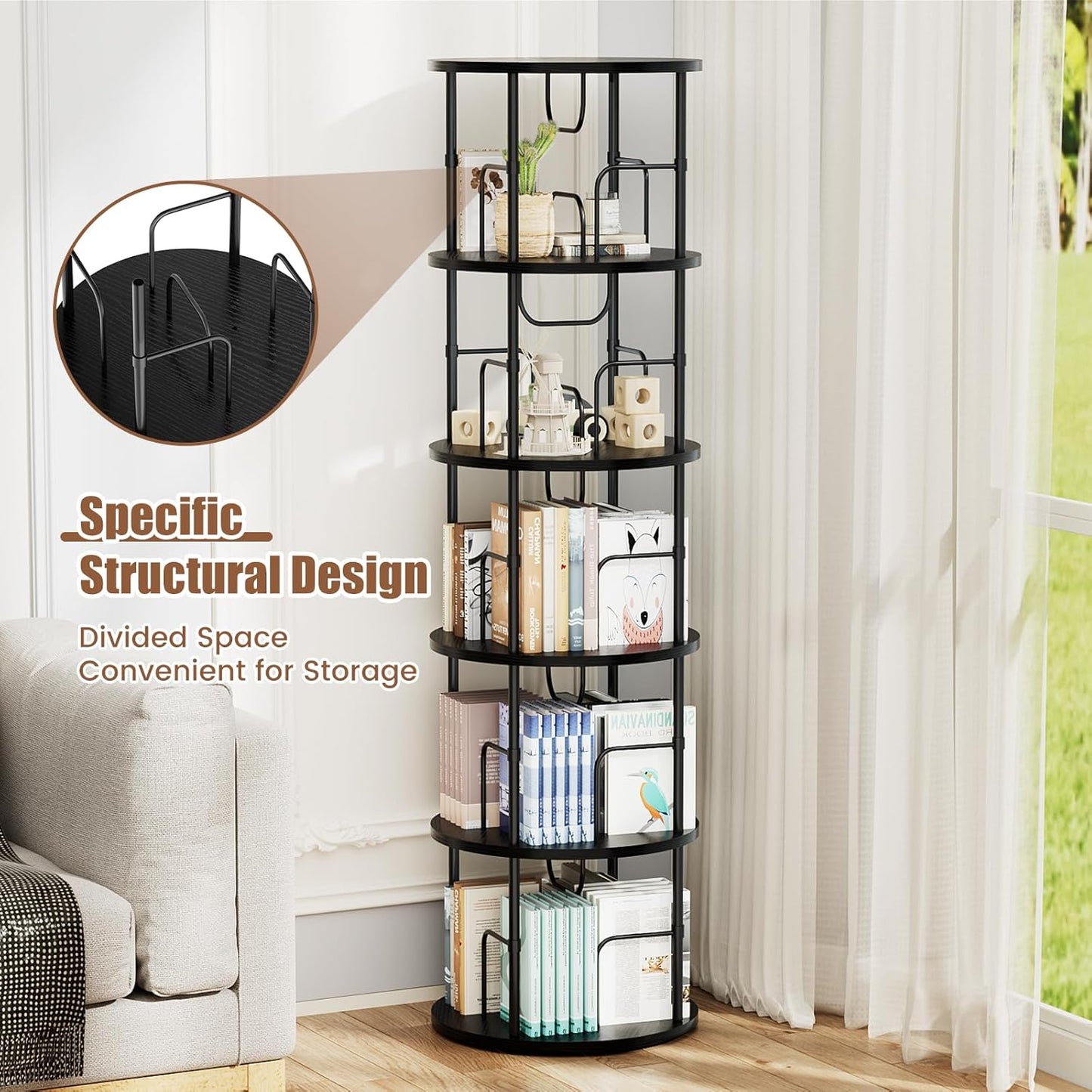 5 Tier Rotating Bookshelf, 360 ° Display Stackable Spinning Bookshelf Tower, Corner Bookshelf Tall Floor Standing Swivel Bookcase Narrow Storage Organizer for Bedroom, Living Room, Black