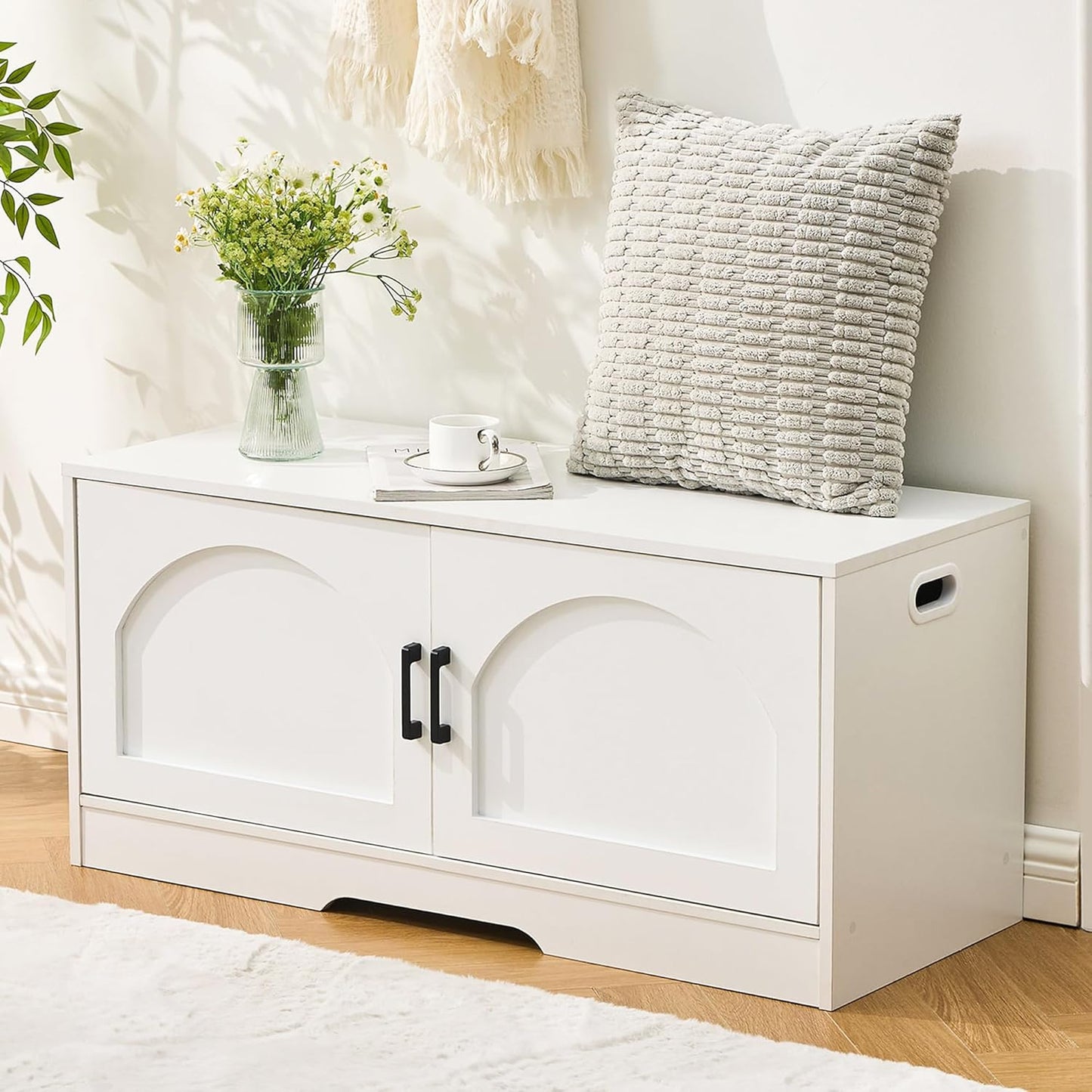 Shoe Bench, Entryway Storage Bench with 2 Doors, Shoe Rack Adjustable Shelves, Shoe Cabinet with Storage, 31.5" W x 13.8" D x 18.1" H for Entryway, Living Room, Hallway, Mudroom, Bedroom, White