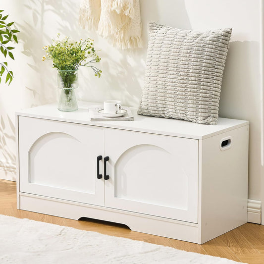 Storage Bench, 39.4" Shoe Bench with Storage, 2 Tier Entryway Bench with 2 Doors, Adjustable Shelf, 39.4" W x 15.8" D x 18.1" H, Holds up to 330lbs for Entryway Living Room Bedroom Hallway, White