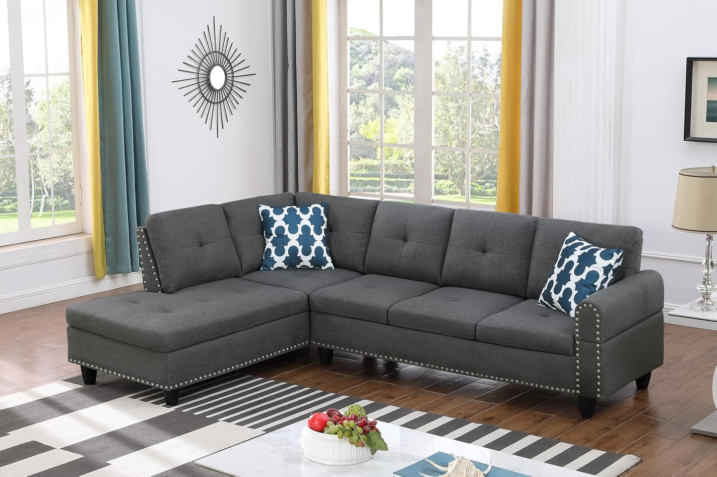 Ball & Cast 98" L Shaped Modular Sectional Couch for Living Room,4 Seat Linen Upholstered Sectional Sofa Set 2 PCS with Chaise,Coffee Table,Cup Holder,Pillows & Nailhead Trim for Home,Office,Dark Gray