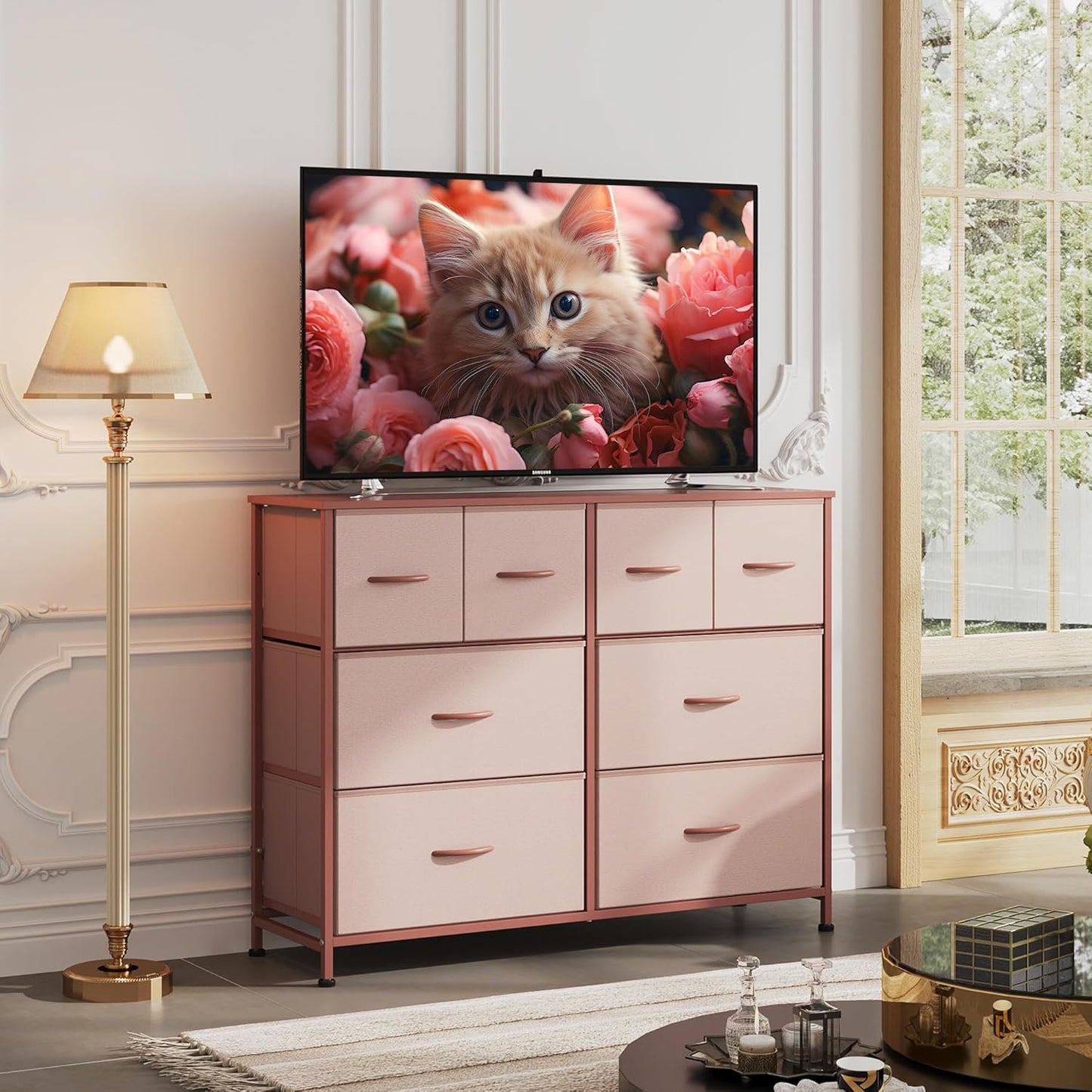 WLIVE 8 Drawer Dresser for Bedroom, Wide Fabric Dresser Storage Organizer, Chest of Drawers with Wood Top, Sturdy Steel Frame, Dressers for Living Room, Closet, Hallway, Pink