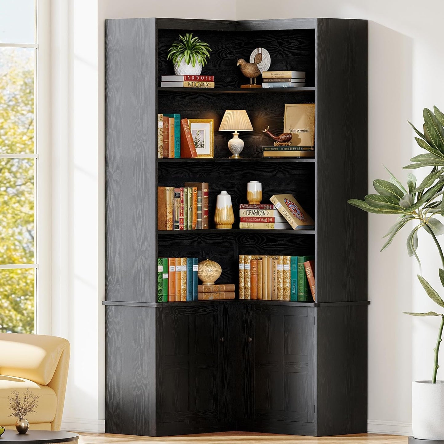 IRONCK Corner Bookshelf with Doors, 6 Tier Bookcase with Storage, Corner Shelf with Cabinet, Large Tall Bookshelf for Living Room, Home Office, Bedroom,Black