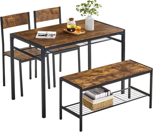 VECELO Kitchen Dining Room Table with 2 Chairs & Bench, Compact Space-Saving Design, Easy Assembly Steel Frame, Perfect for Small Apartments & Breakfast Nooks，Industrial