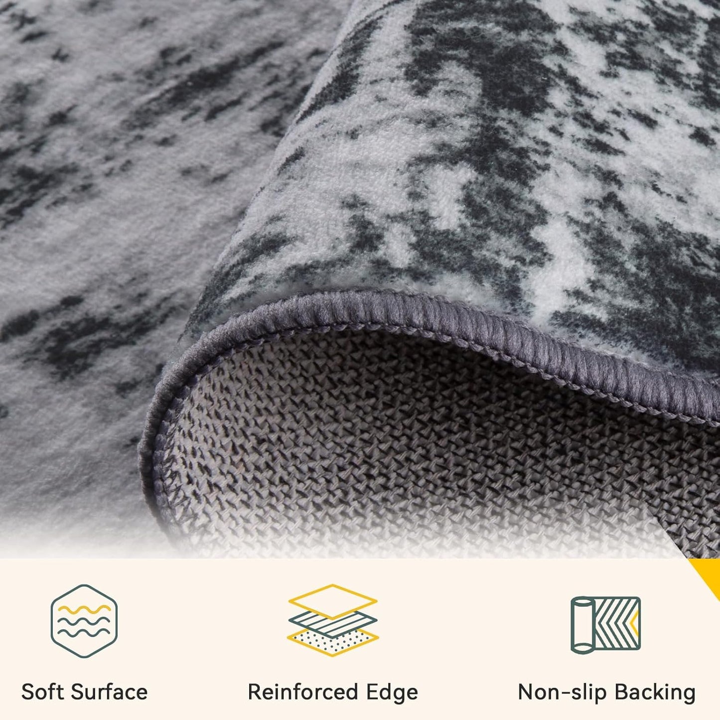 Washable Area Rugs 5'x7' Non-Slip Modern Abstract Soft for Living Room Entryway Bedroom Nursery, Print Pattern, Black Gray