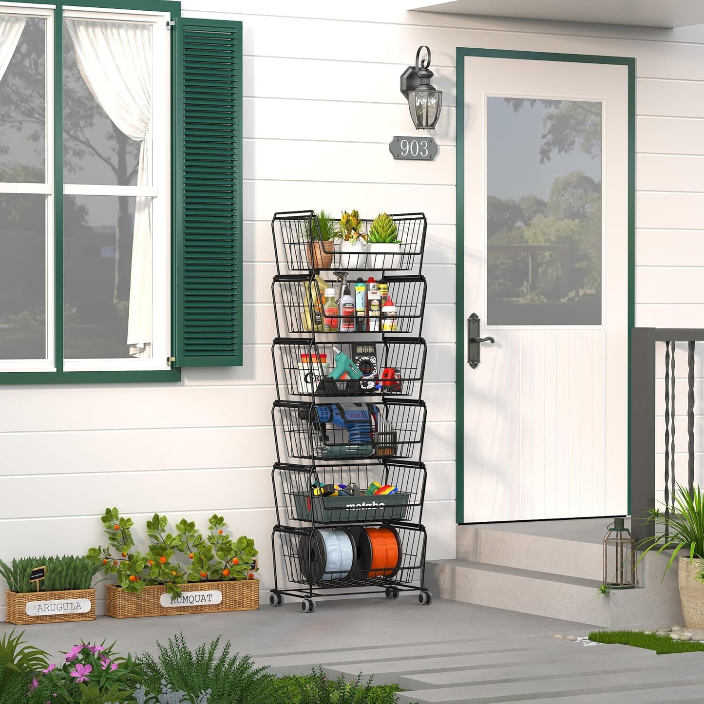 PUSDON Stackable Metal Storage Carts, Dual Use Shelf for Kitchen Fruit Vegetable Baskets with Wheels, Storage Rack for Living Room, Home & Office, Standard Black 6 Tiers