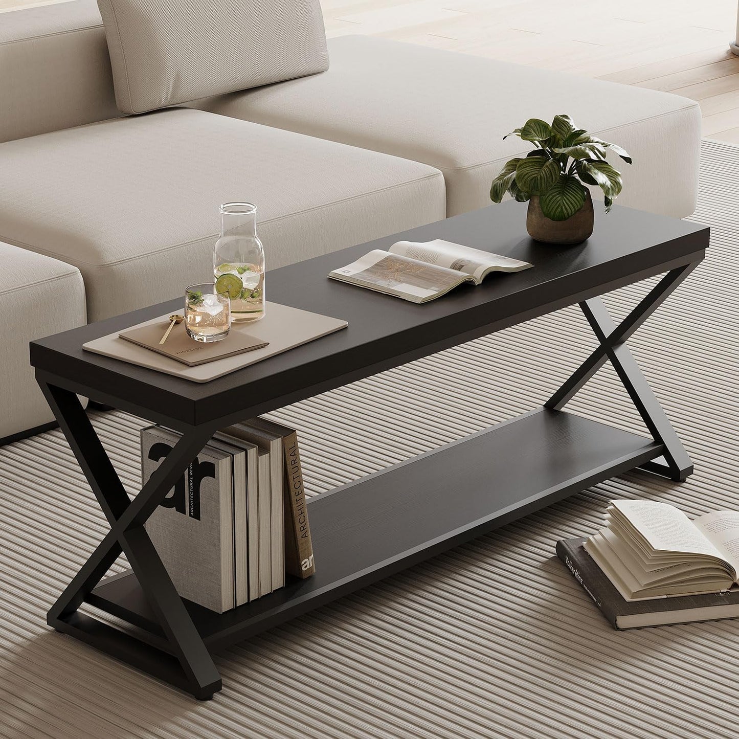 IBF Black Bench, Modern Entryway Bench for Bedroom, Wood Metal Storage Hallway Bench for Dining Living Room, Farmhouse Shoe Rack Indoor Accent Seating Bench for Foyer Entrance, Black Oak, 47 Inch Long