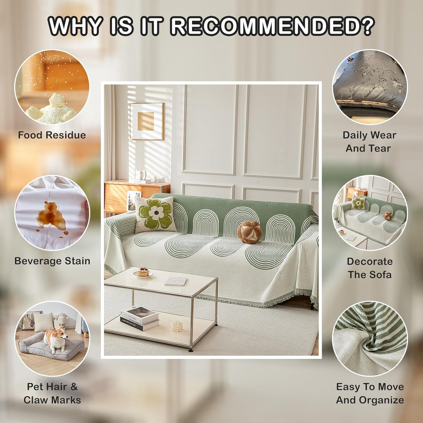 STACYPIK Modern Green Striped Couch Cover for Pets, Boho Geometric Sofa Cover for 2 Cushion Couch, Boho Chenille Sofa Cover for Dogs, Sofa Slipcover for Sectional, Throw Cover for Loveseat-71X118IN