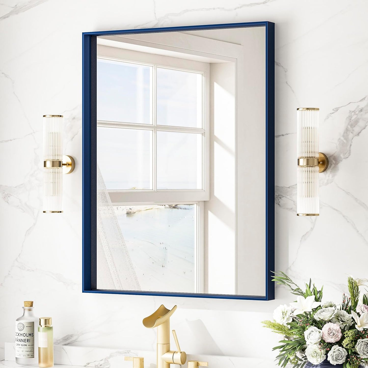 Keonjinn Blue Bathroom Mirror 22 x 30 in, Metal Framed Rectangular Wall Mirror, Square Corner, Modern Farmhouse, Rectangle Navy Blue Mirrors for Bathroom Sink(Horizontal/Vertical)