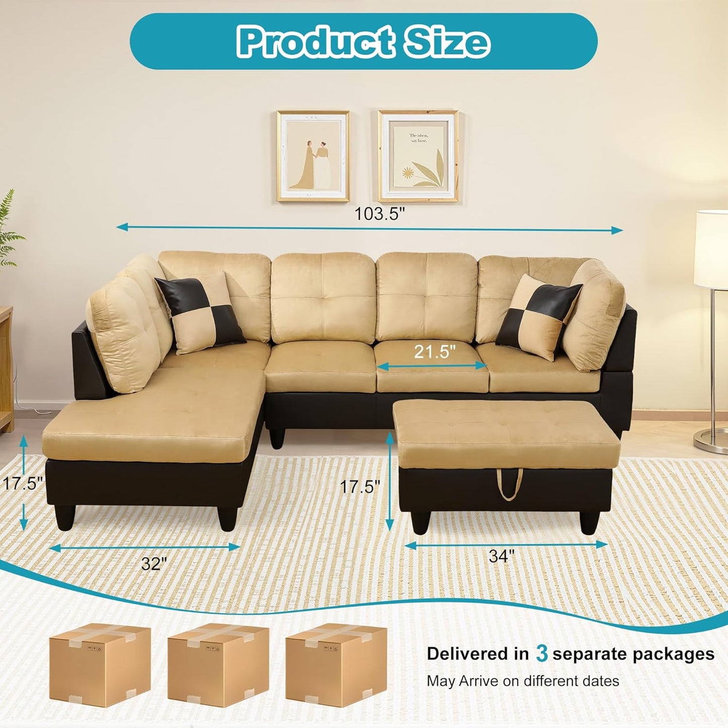 L Shaped Couch Modern Sectional Couch Upholstered Lint Fabric 3 Pieces Sofas for Living Room with Chaise, Storage Ottoman for Office and Small Apartment, Beige and Brown