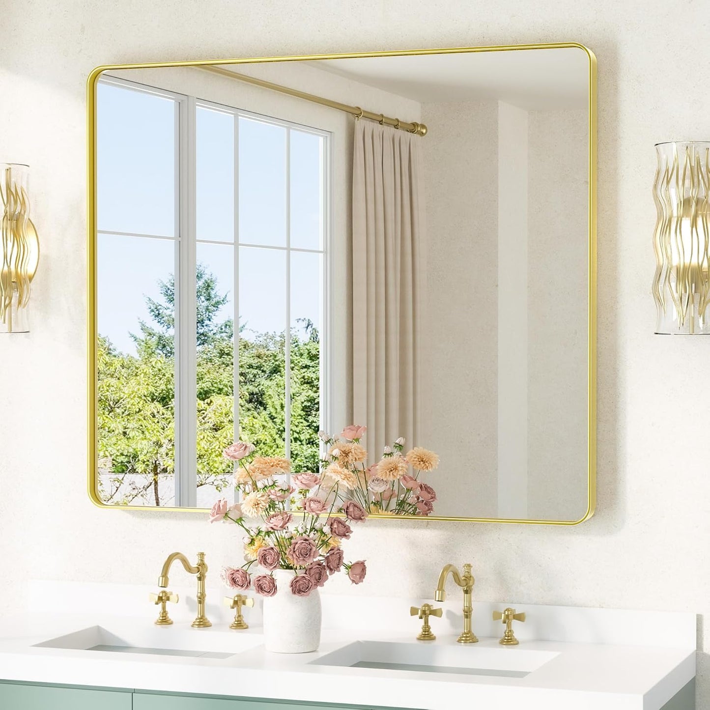 TETOTE Gold Vanity Mirror 42 x 36 Brushed Gold Metal Framed Vanity Mirror, Tempered Glass, Modern Farmhouse Wall Mounted Mirrors for Decorative(Horizontal/Vertical)