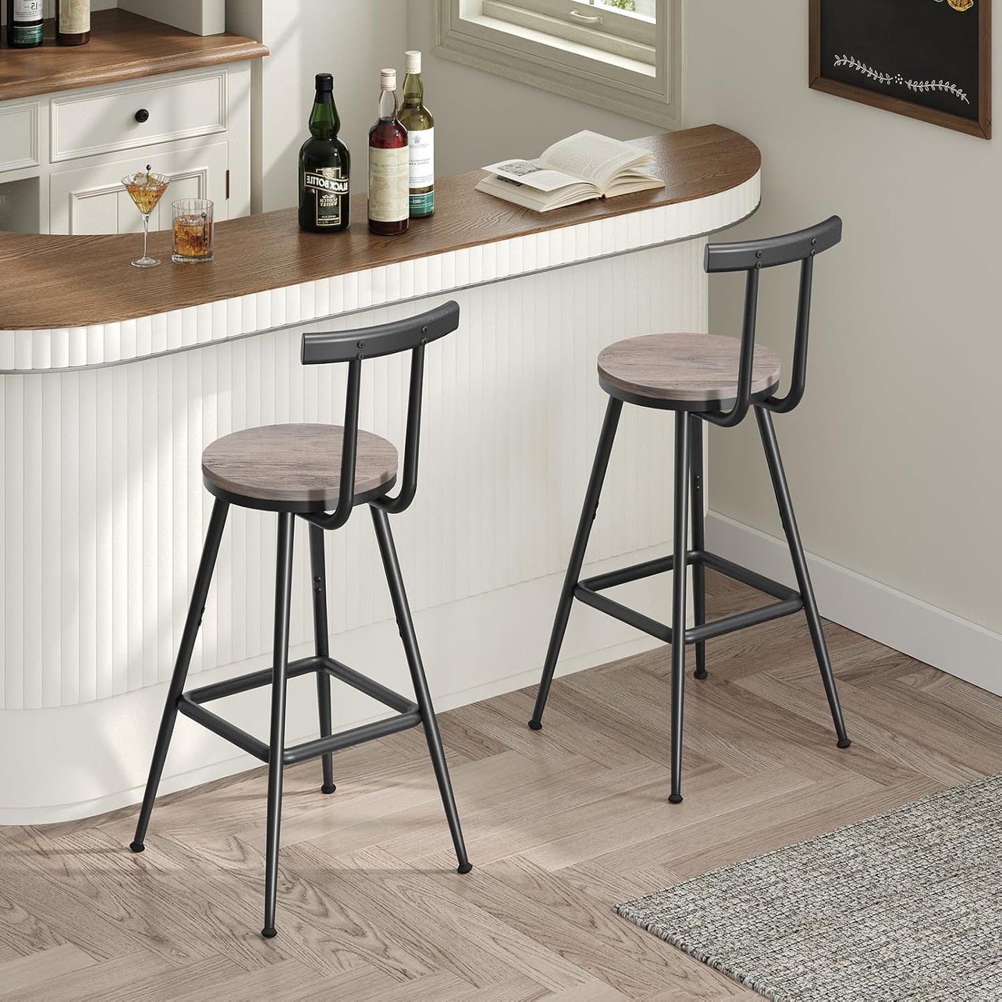 Bar Stools, Set of 2 Bar Chairs with Backrest and Footrest, 26" Tall Counter Stools, Metal Frame, Adjustable Feet, Easy Assembly, for Kitchen, Living Room, Pub, Greige BAHG6001