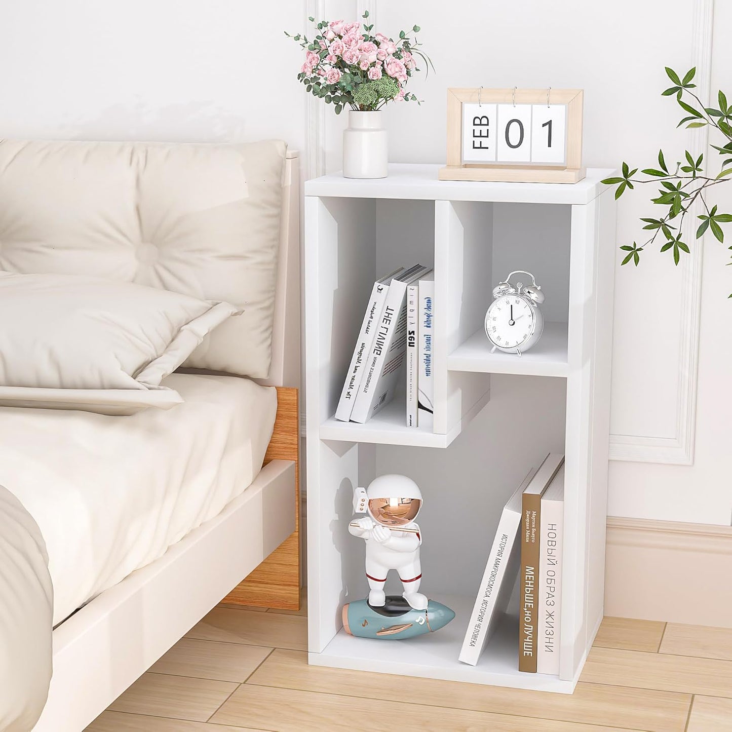 VECELO Small White Bookshelf, 3 Cube Shelf, Fits Tallest Hardcovers, Horizontal Available, Modern Storage Organzier for Small Spaces, Kids, Pearl White