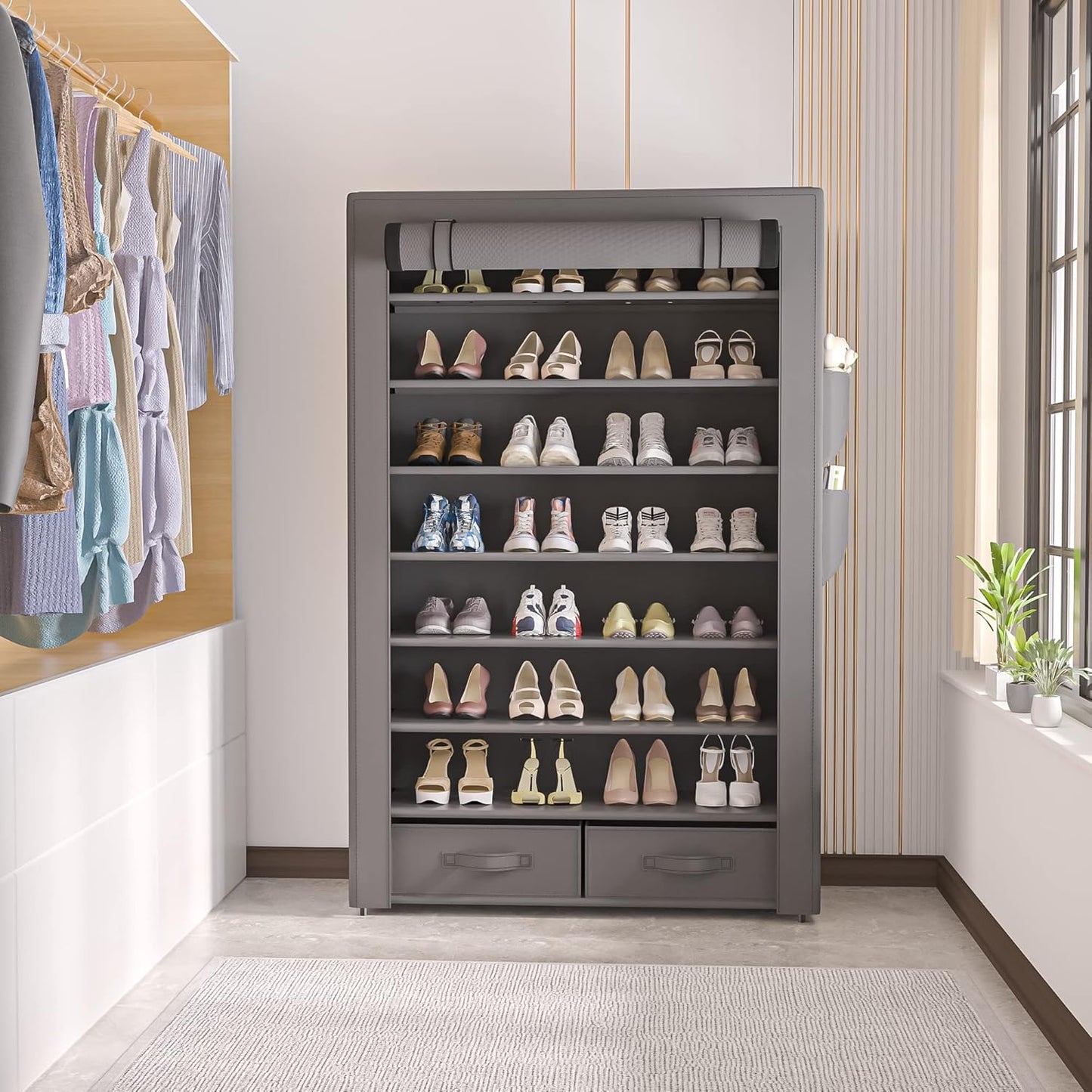 Shoe Rack Storage Cabinet 32 Pairs Organizer Shelf Tall for Shoes Large Free Standing Racks Vertical Shoe Holder Stand with Cover Two Boxes Closet