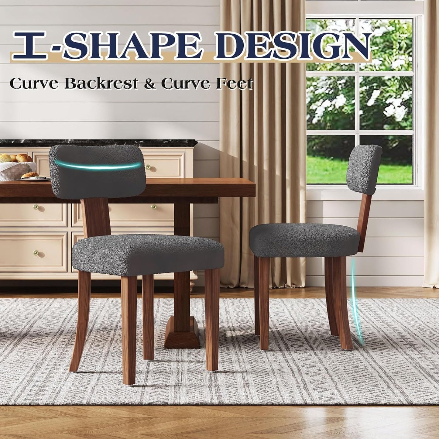 Farmhouse Chair Set of 2, Mid Century Modern Dining Chairs, Sherpa Upholstered Kitchen Chairs with Curved Backrest & Adjustable Legs for Living Room/Bedroom, Easy to Install, Grey Sherpa