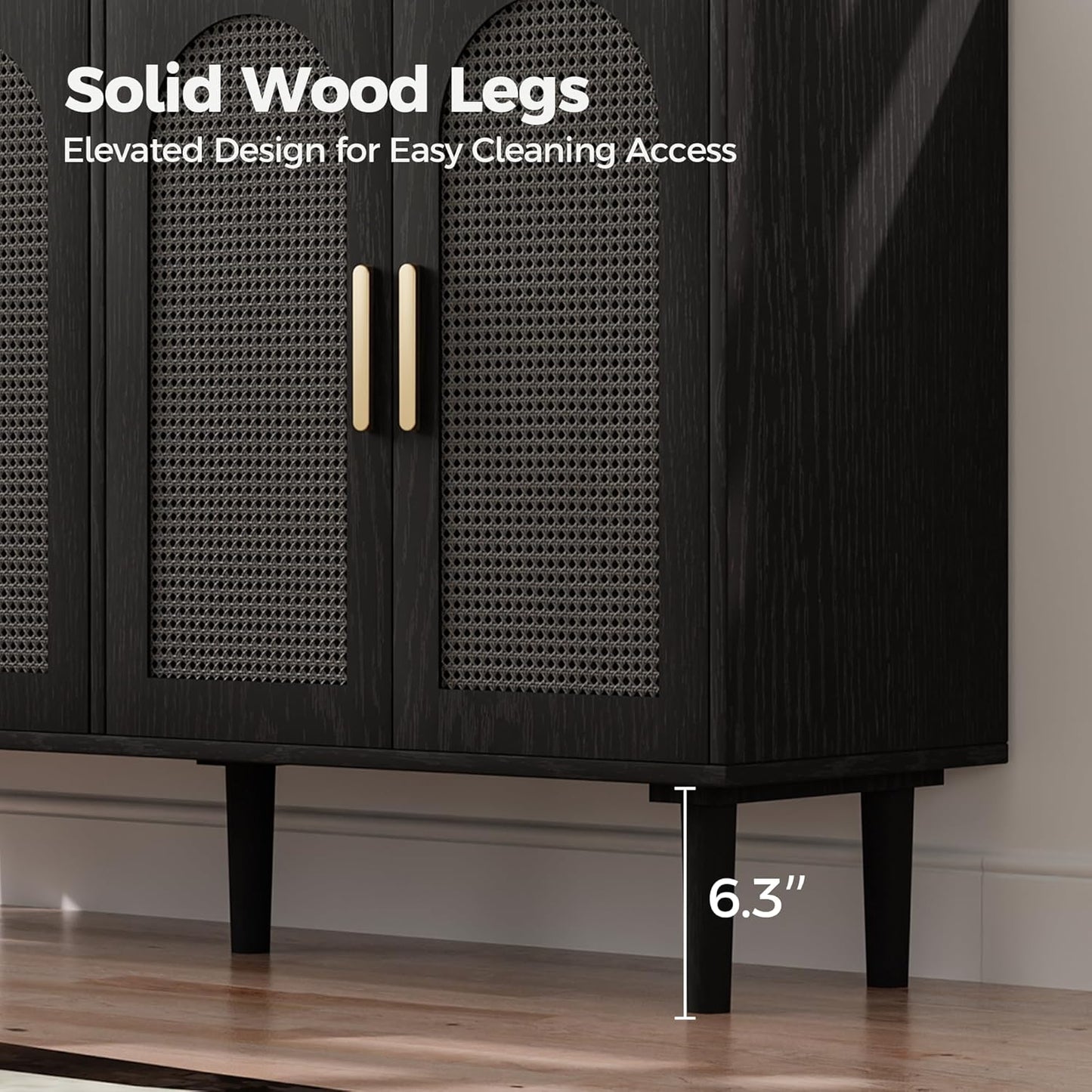 Rattan Cabinet, Mid-Century Modern Buffet Cabinet with 4 Rattan Doors, Black, 47x14x30 inch, Kitchen Sideboard