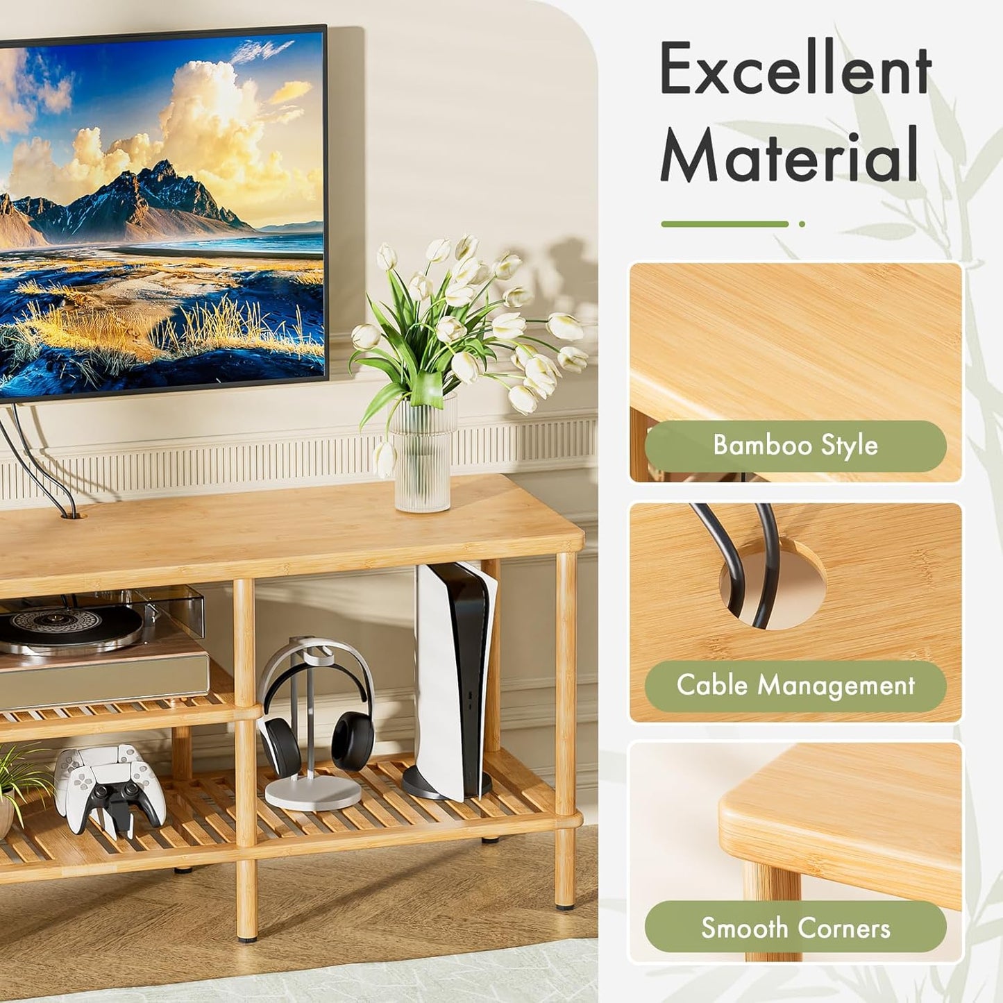 Amazer Bamboo TV Stand for 60 65 Inch TV, Entertainment Center with 3 Tier Open Storage Shelf, Wood TV Table for Living Room, Bedroom