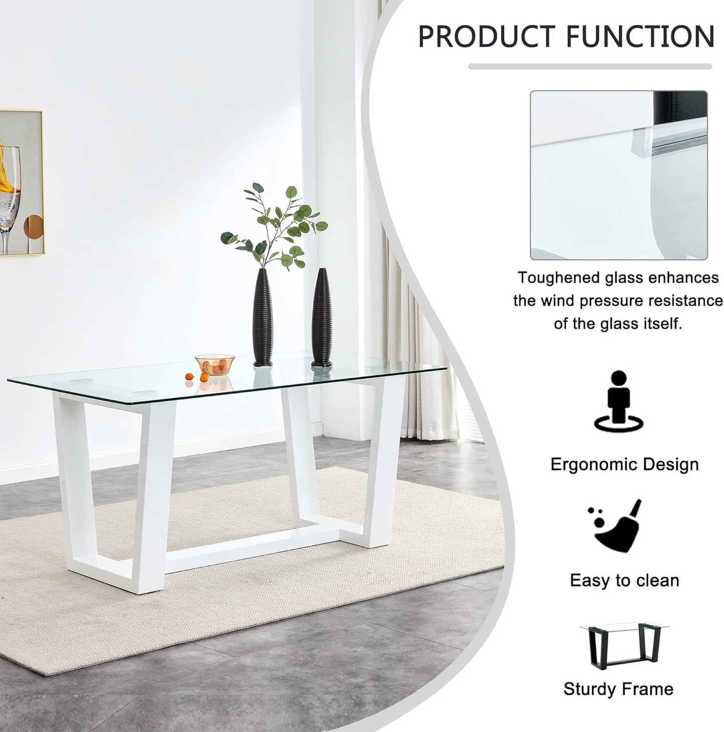 63" Modern Glass Dining Table with Rectangular Tempered Tabletop,Dinner Desk Set for 6-8 People W/Trapezoid Bracket,for Home,Kitchen,Dining Room,Office,White+Clear Finish
