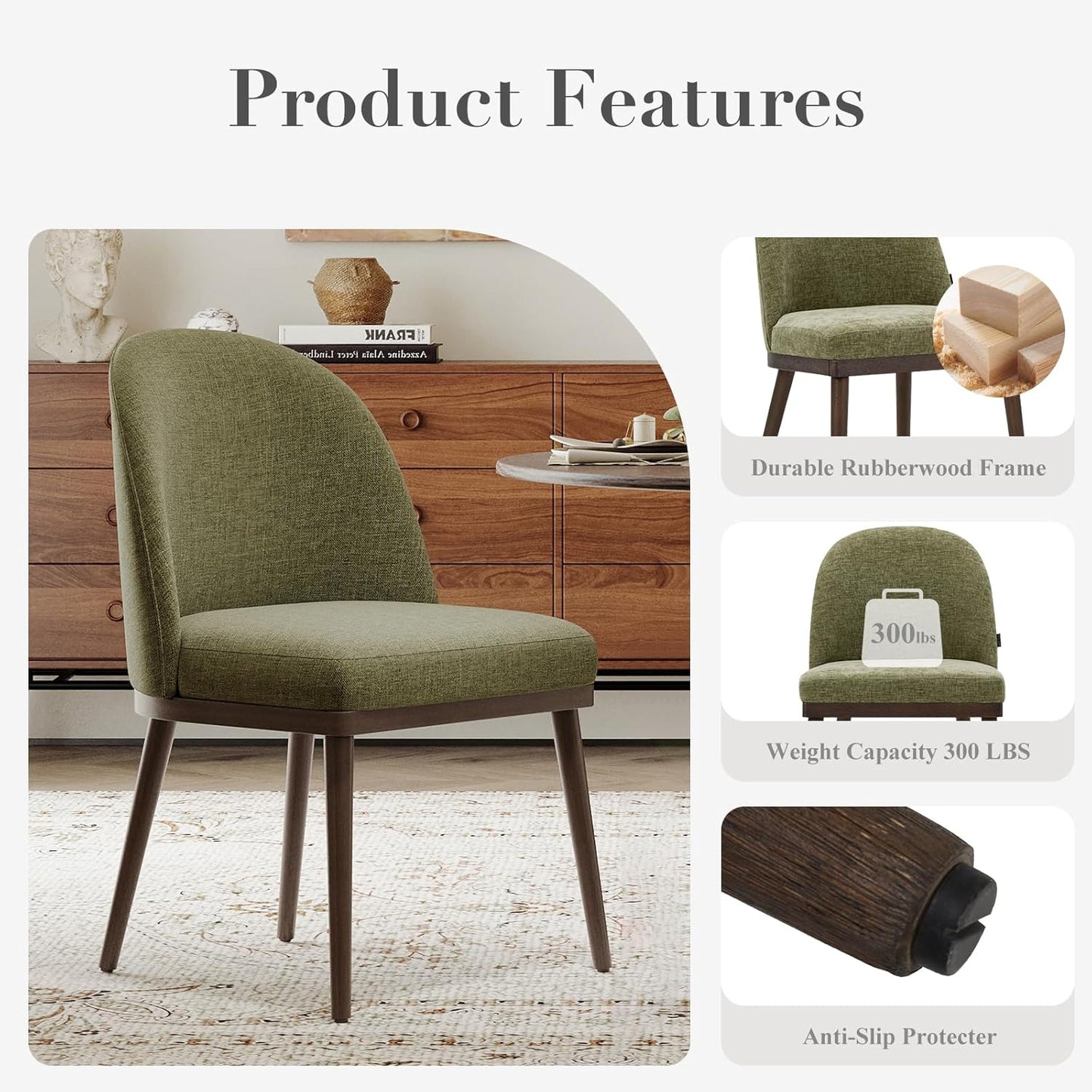 COLAMY Upholstered Dining Chairs Set of 6, Large Dining Room Kitchen Chairs with High Back and Deep Seat, Modern Fabric Dinner Chairs with Wood Legs, Green