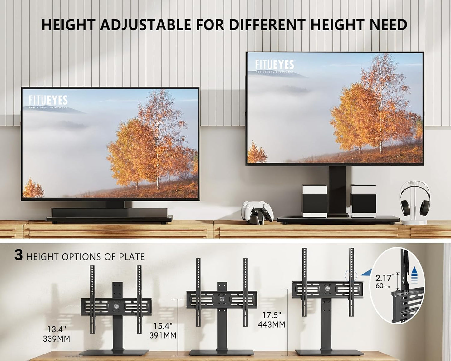 FITUEYES Universal TV Stand, Swivel TV Table Stands for 27-55 Inch Flat Screen, Tabletop TV Stand with Mount for Bedroom/Living Room, Height Adjustable, Holds up to 88 lbs, Glass Base, Black