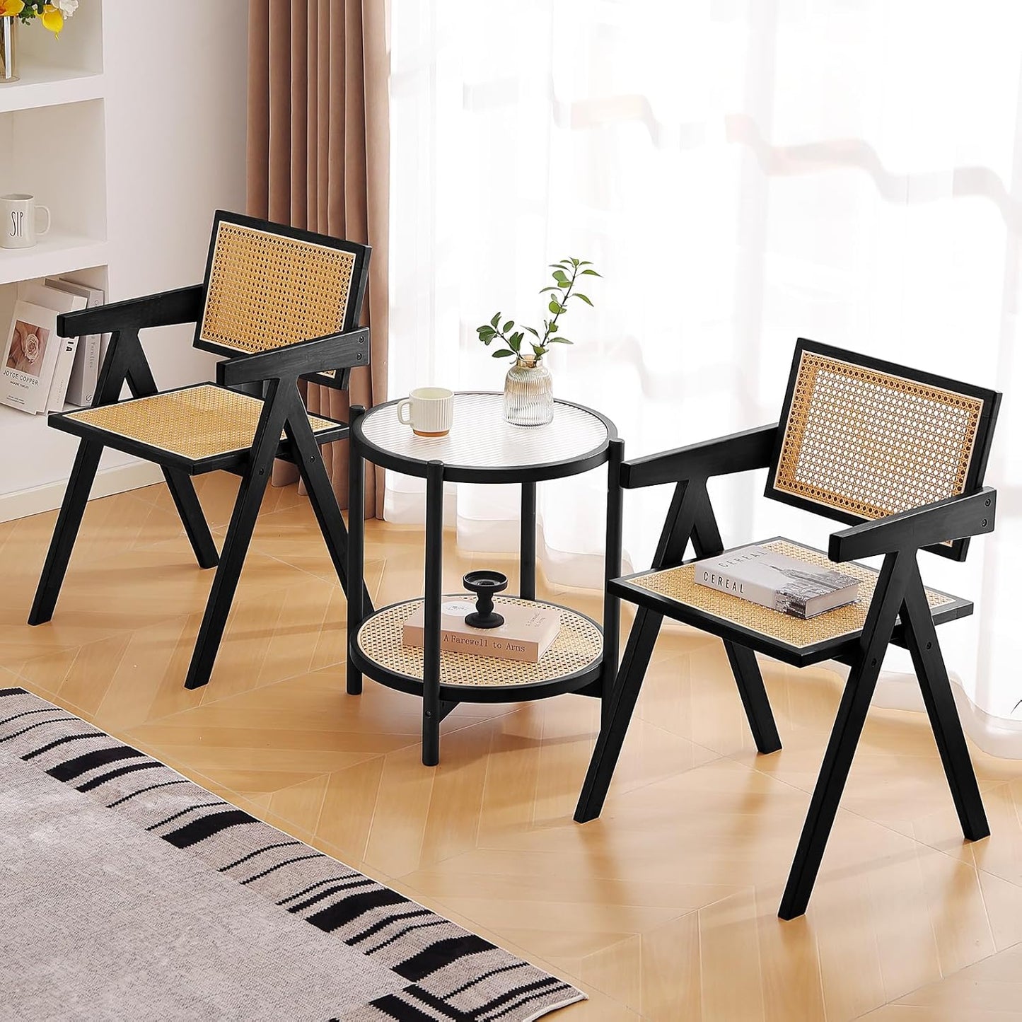 Tiita Rattan Accent Chairs, Mid Century Modern Dining Chairs Set of 2, Bamboo Living Room Chair for Reading Room Dining Kitchen, Black