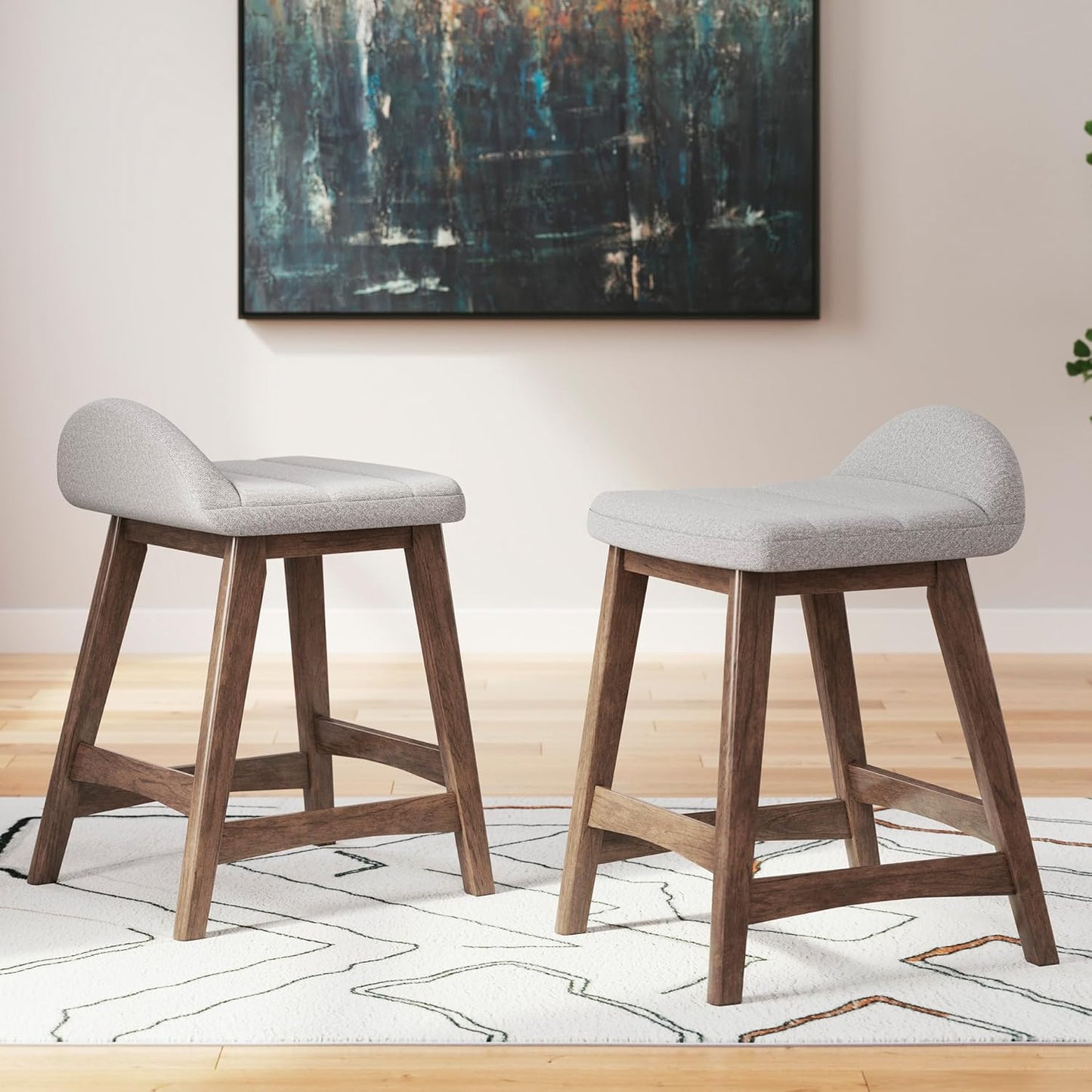 Signature Design by Ashley Lyncott Contemporary 28.5" Counter Height Upholstered Bar Stool with Foam Cushion, 2 Count, Light Gray & Brown