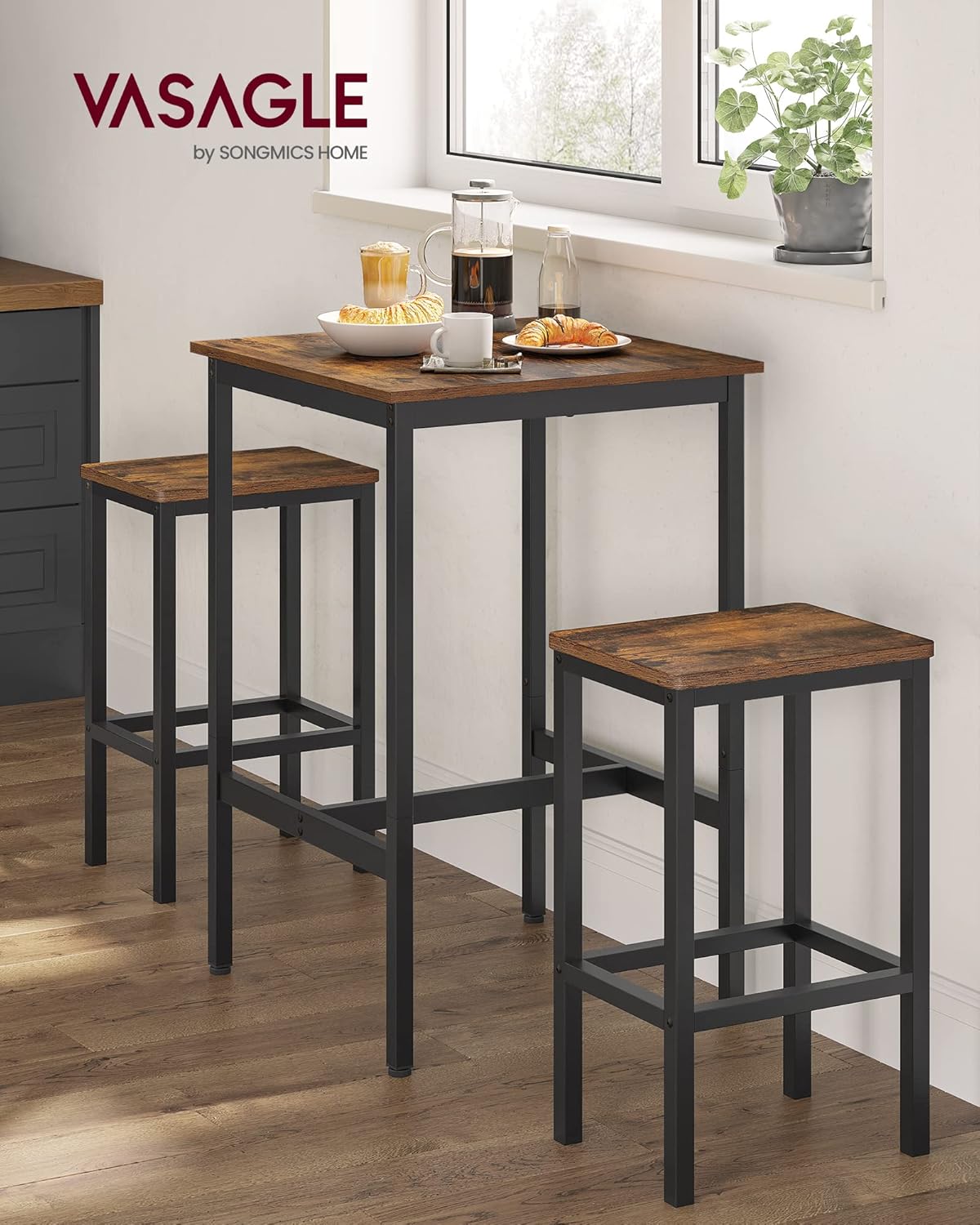 VASAGLE Bar Table and Chairs Set, Square Table with 2 Stools, Dining Pub Set for 2, Space Saving for Kitchen Breakfast, Living Room, Party Room, Rustic Brown and Ink Black