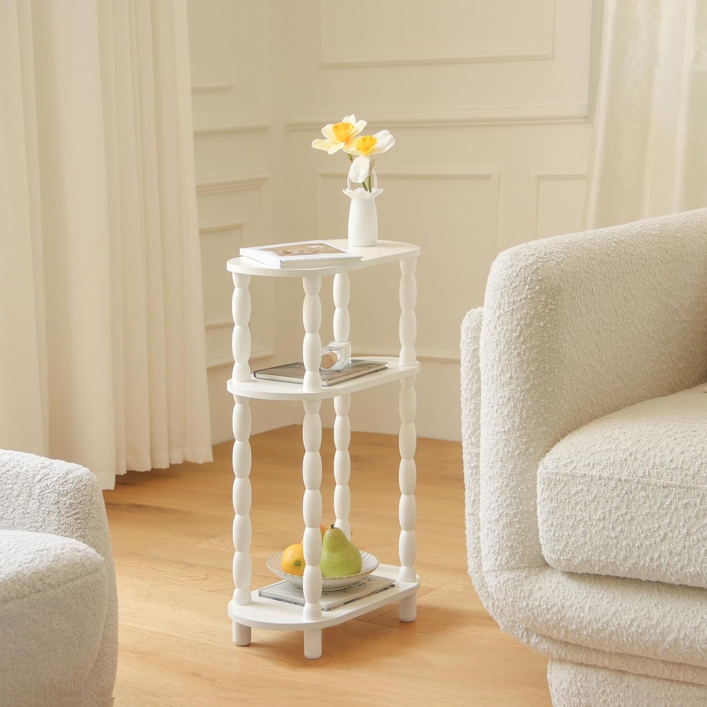 MaxSmeo Narrow Side Table, Small End Table with 3-Tier Open Shelf, Slim Bedside Table Nightstand for Small Spaces, Bedroom, Living Room (White)