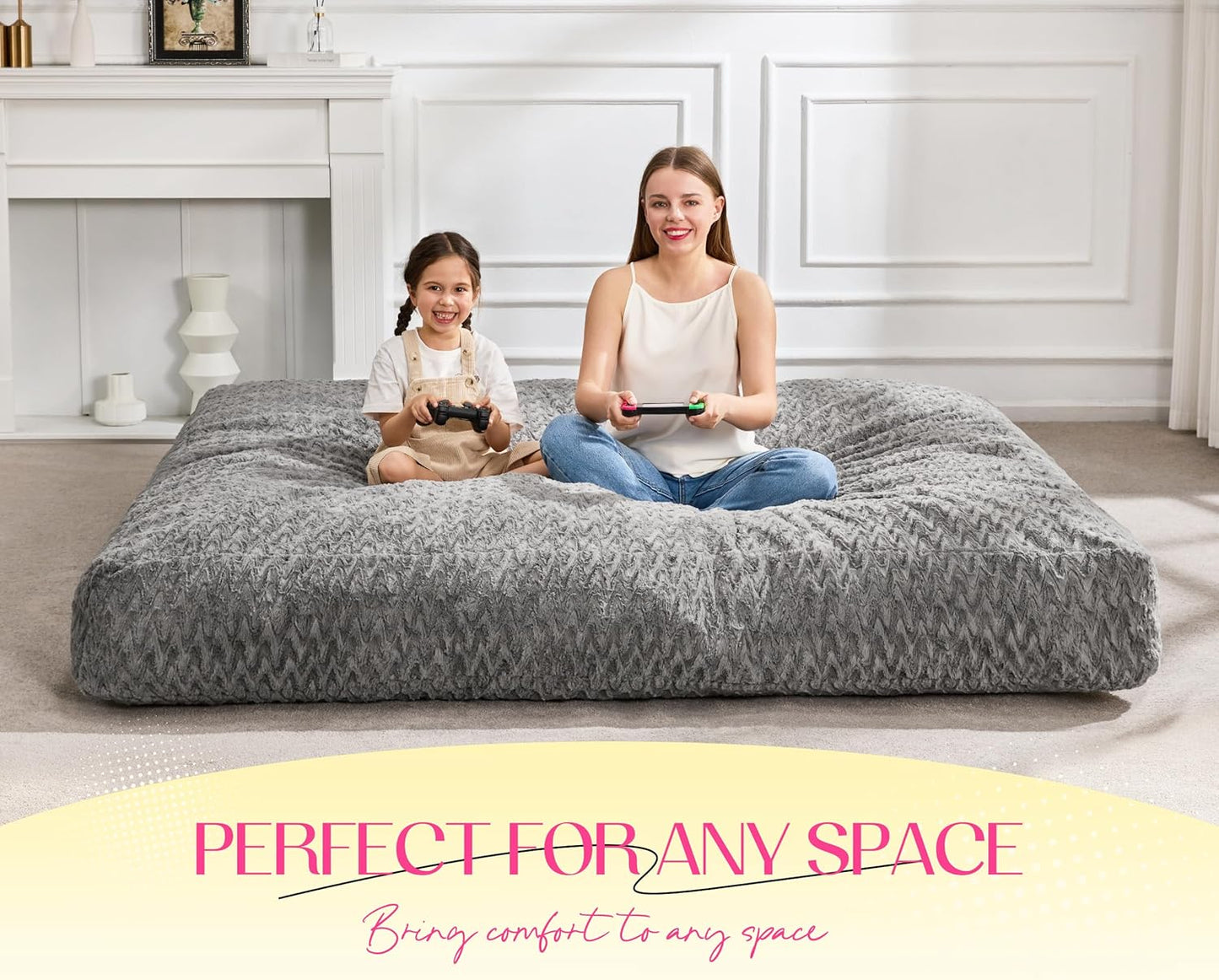 Hobestluk Bean Bag Chair Convertible Beanbag Chairs for Adults, 3 in 1 Bean Bags with Plush Chevron Cover, Adult Bean Bag Chair for Living Room, Bedroom (Grey, Full)