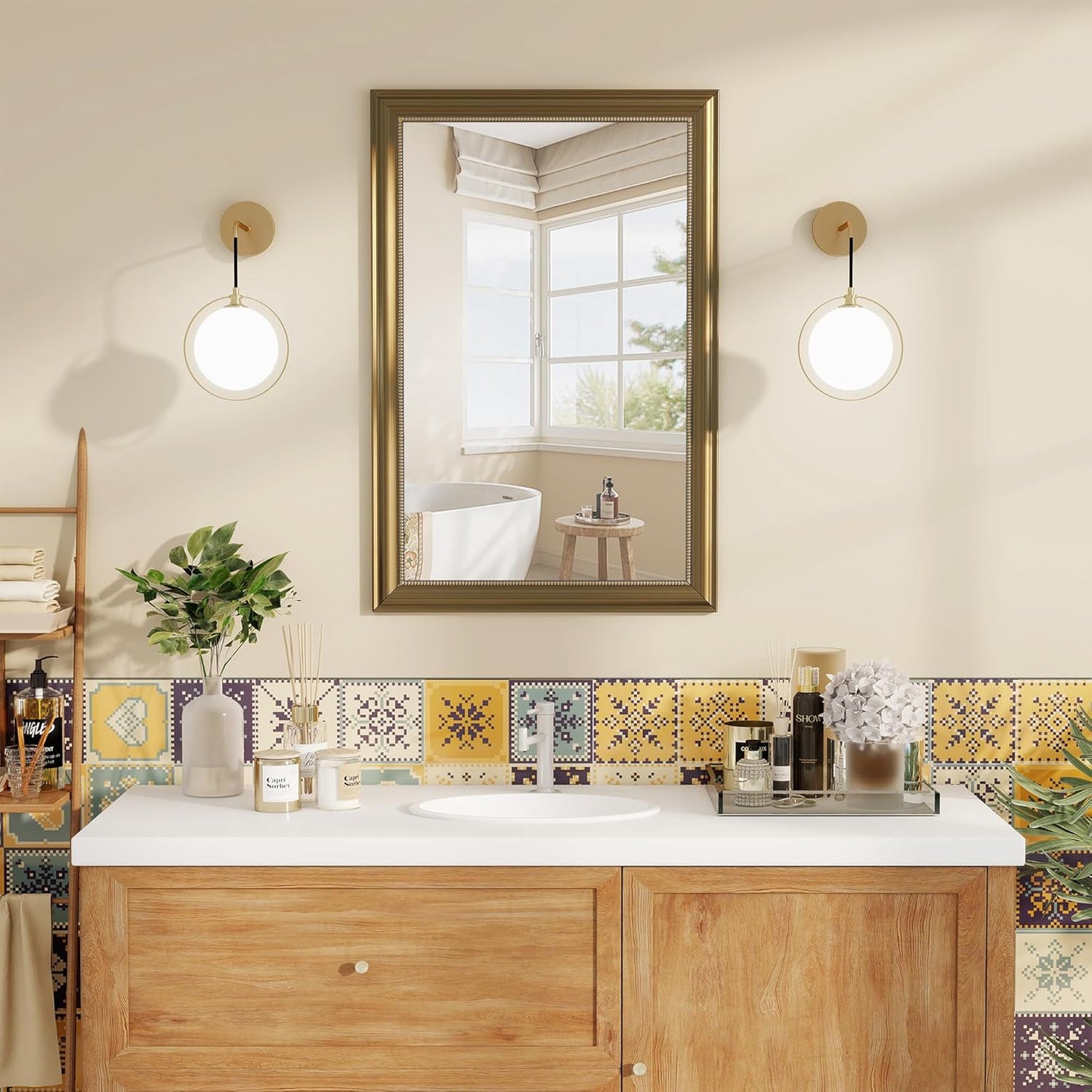 Axeman 24x36 Rectangular Wall Mirror, Decorative Bathroom Mirror, Traditional Vintage Wall Mounted Mirror with Beaded Frame for Accent Living Room Vanity Bedroom Entryway, Gold