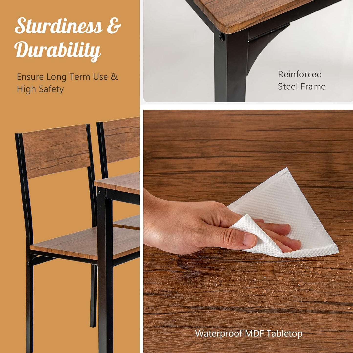 Giantex Dining Table Set for 4, 43" Kitchen Table and Chairs, Dining Bench with Metal Frame & Storage Rack, 4-Piece Modern Functional Desk Set for Dinette, Small Space, Apartment, Restaurant, Brown