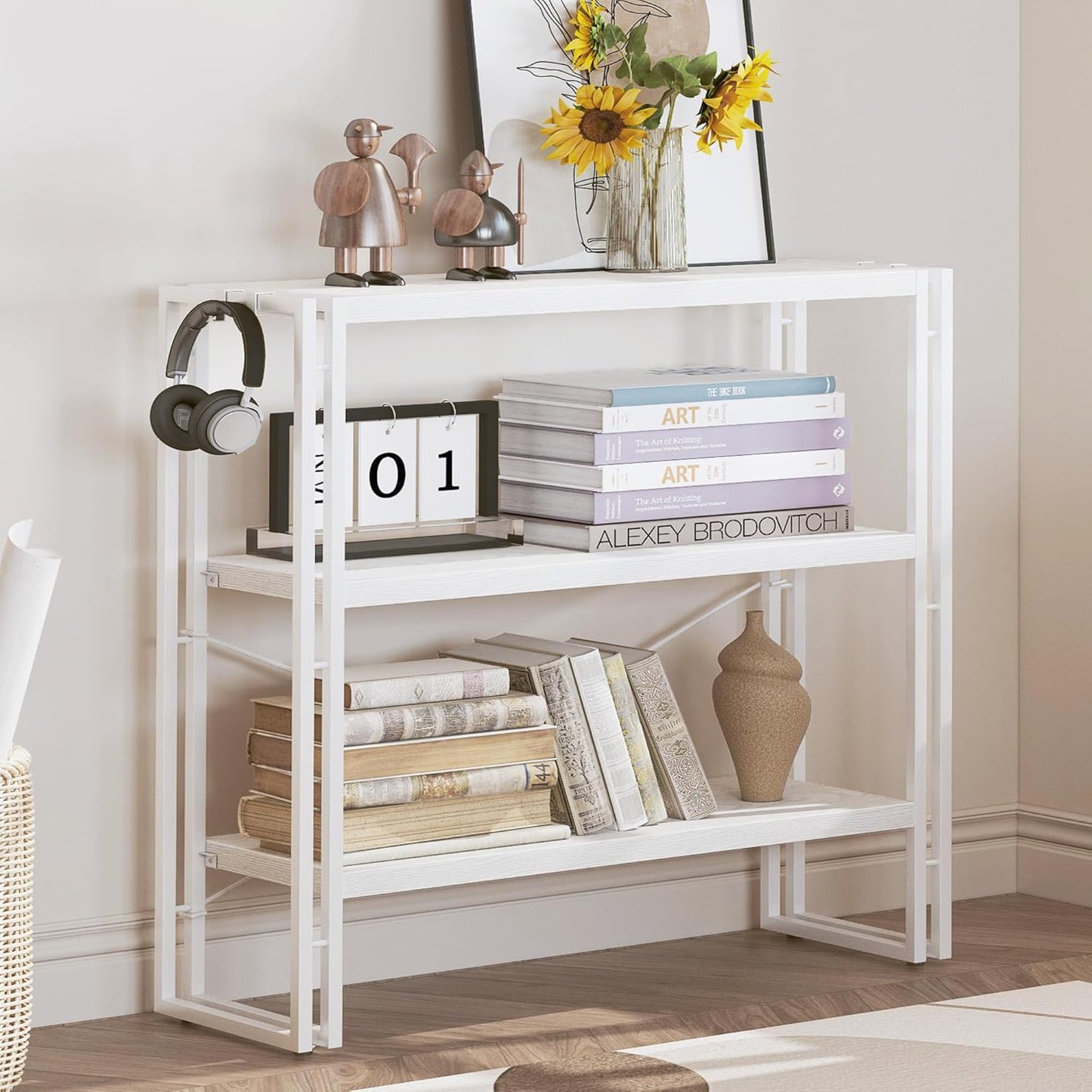 HCHQHS Bookshelf, 3-Tier Industrial Bookcase, White Open Book Shelf, Freestanding Horizontal Bookshelves with Metal Frame