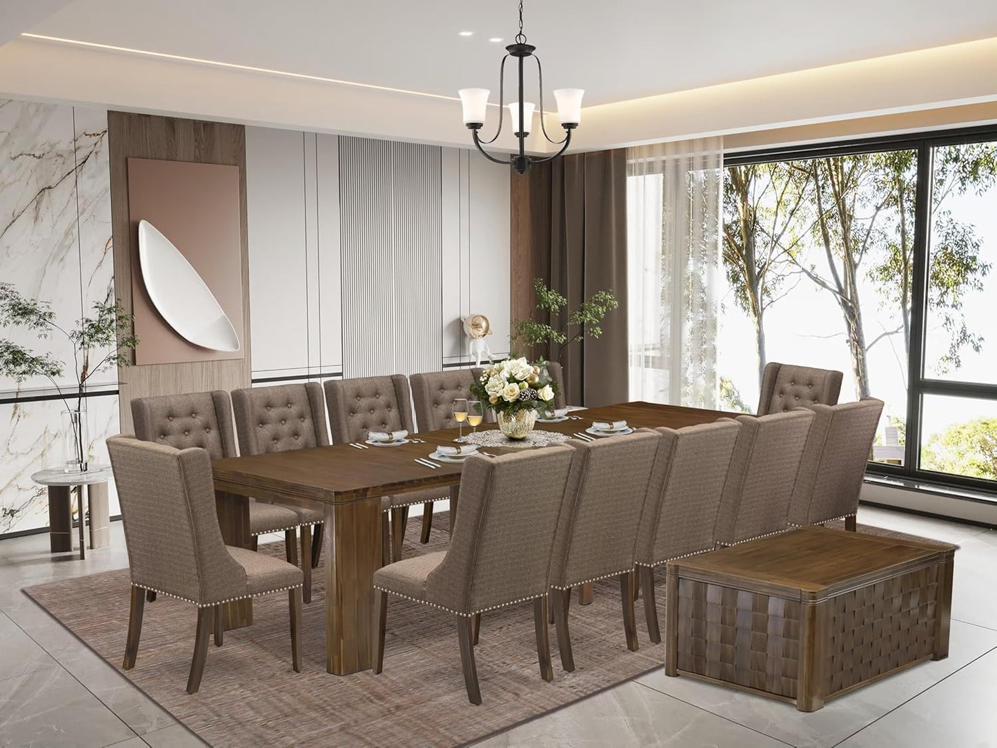 X12FO-0C8-18 - 14 Pieces Kitchen Dining Table Set includes an Extendable Rectangle Kitchen Table, 1 Coffee Table and 12 Dining Chairs, 39x120 Inch, Antique Walnut