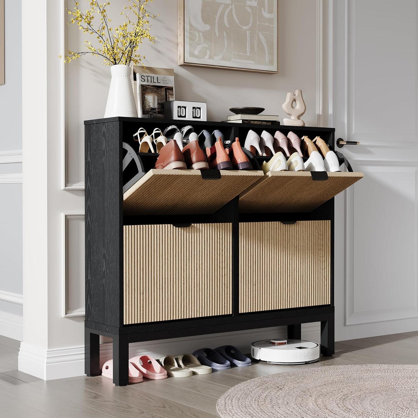 GarveeHome Shoe Storage Cabinet with 4 Flip Drawers, Farmhouse Fluted Shoe Organizer with Metal Legs, Freestanding Hidden Slim Narrow Shoe Rack for Entryway, Foyer, Hallway