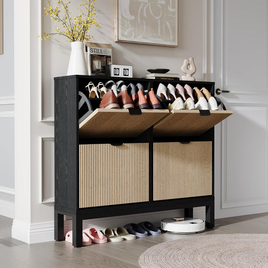 GarveeHome Shoe Storage Cabinet with 4 Flip Drawers, Farmhouse Fluted Shoe Organizer with Metal Legs, Freestanding Hidden Slim Narrow Shoe Rack for Entryway, Foyer, Hallway